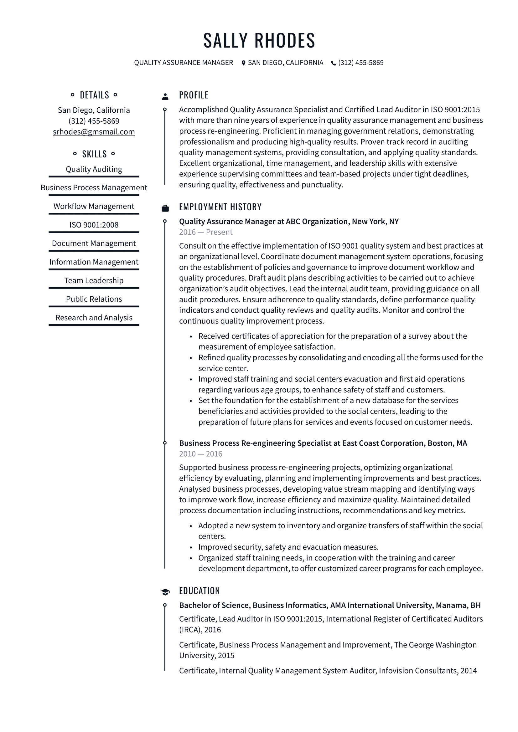 Quality Assurance Manager Resume Example & Writing Guide