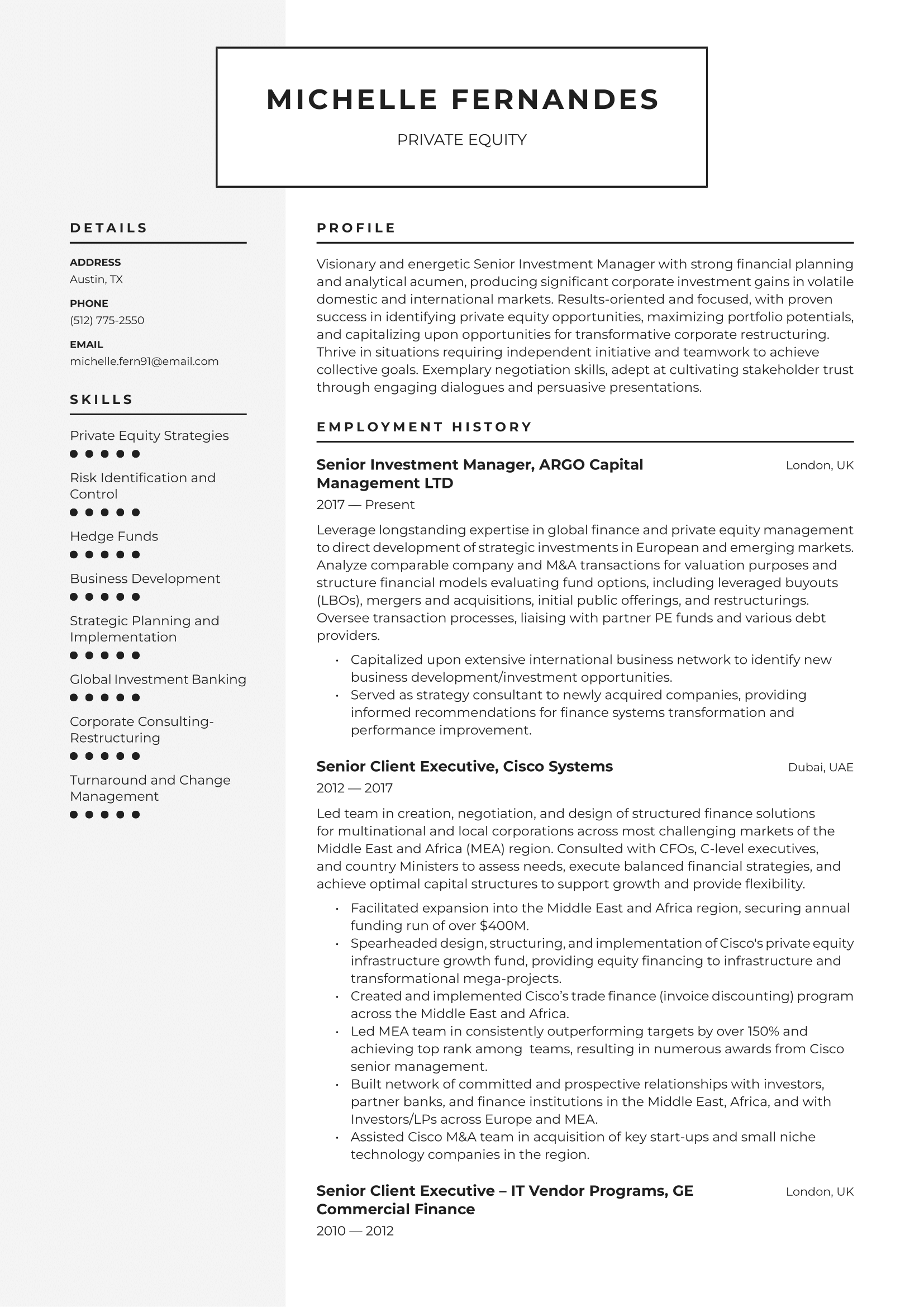 Private Equity Manager Resume Example & Writing Guide