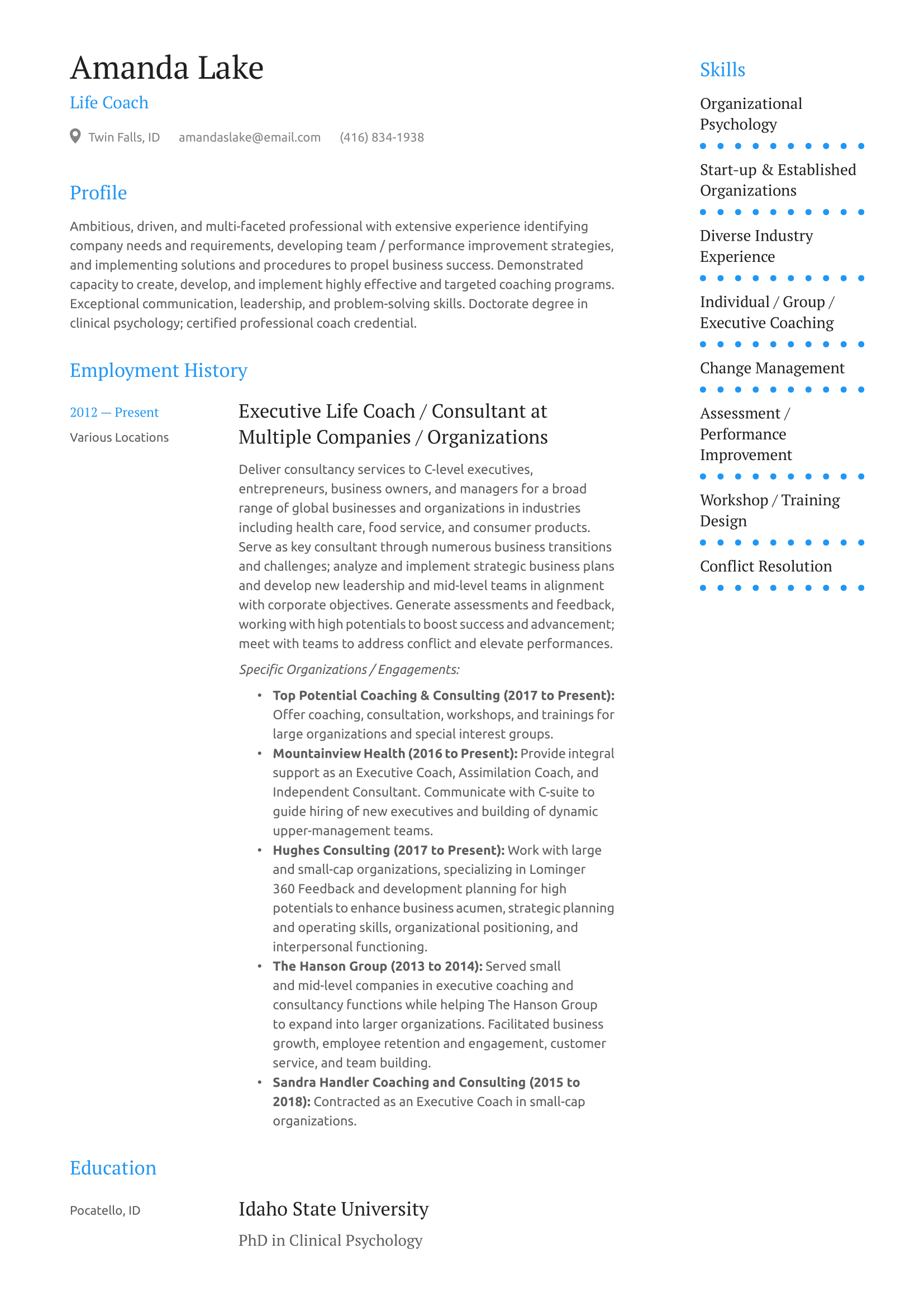 Life Coach Resume Example and Writing Guide