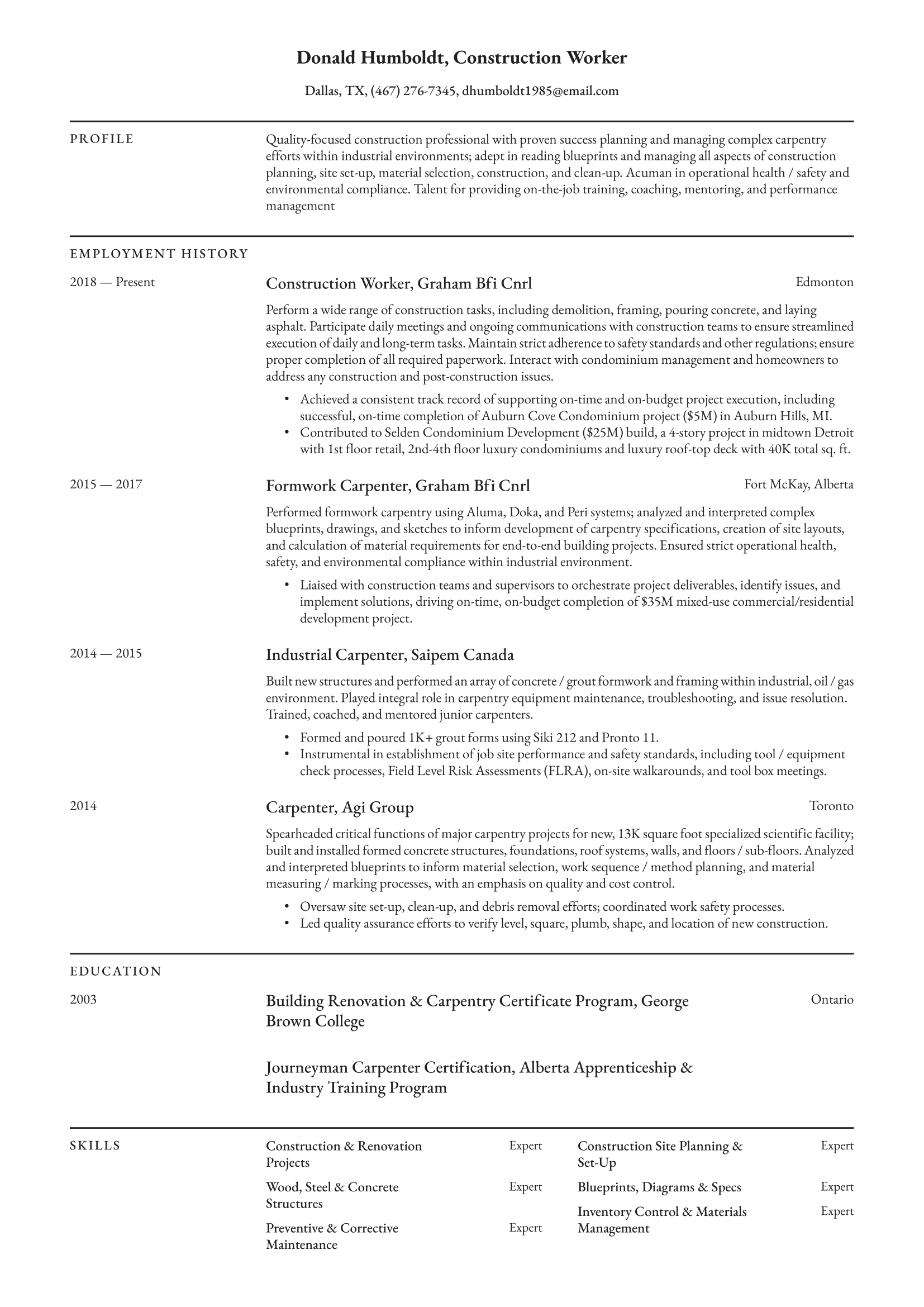 Construction Worker Resume Example & Writing Guide