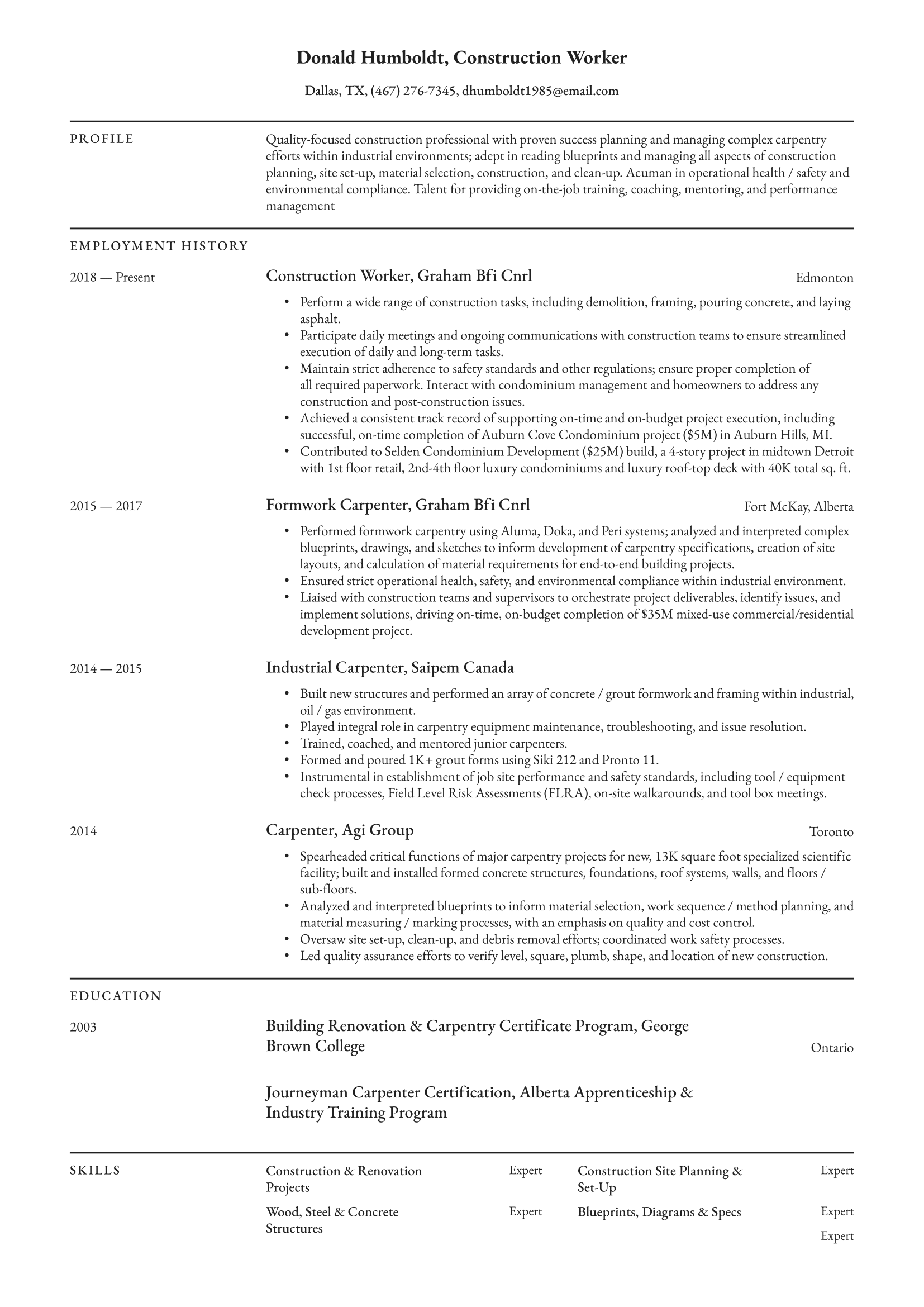 Construction Worker Resume Example & Writing Guide