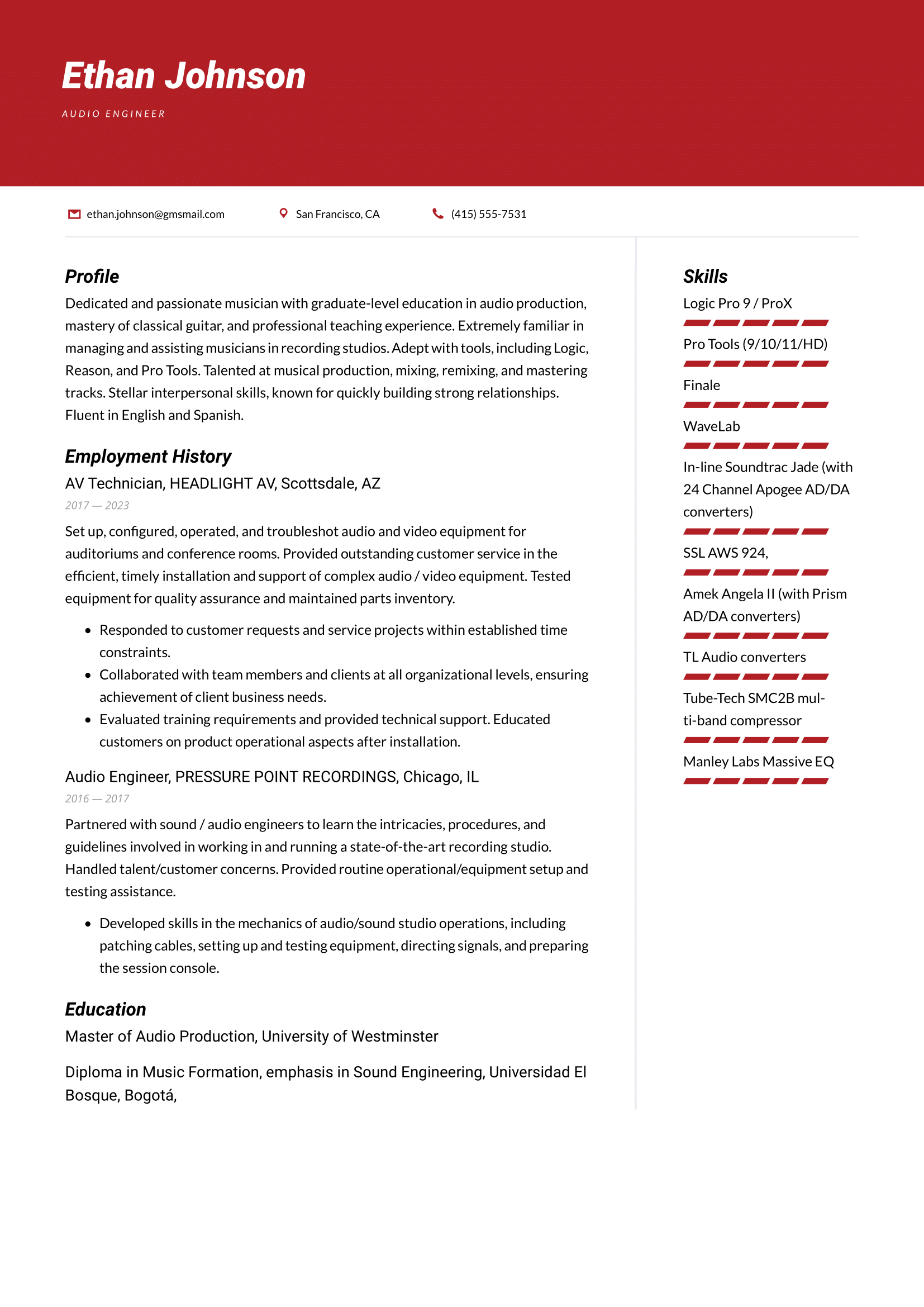 Audio Engineer Resume Example and Writing Guide