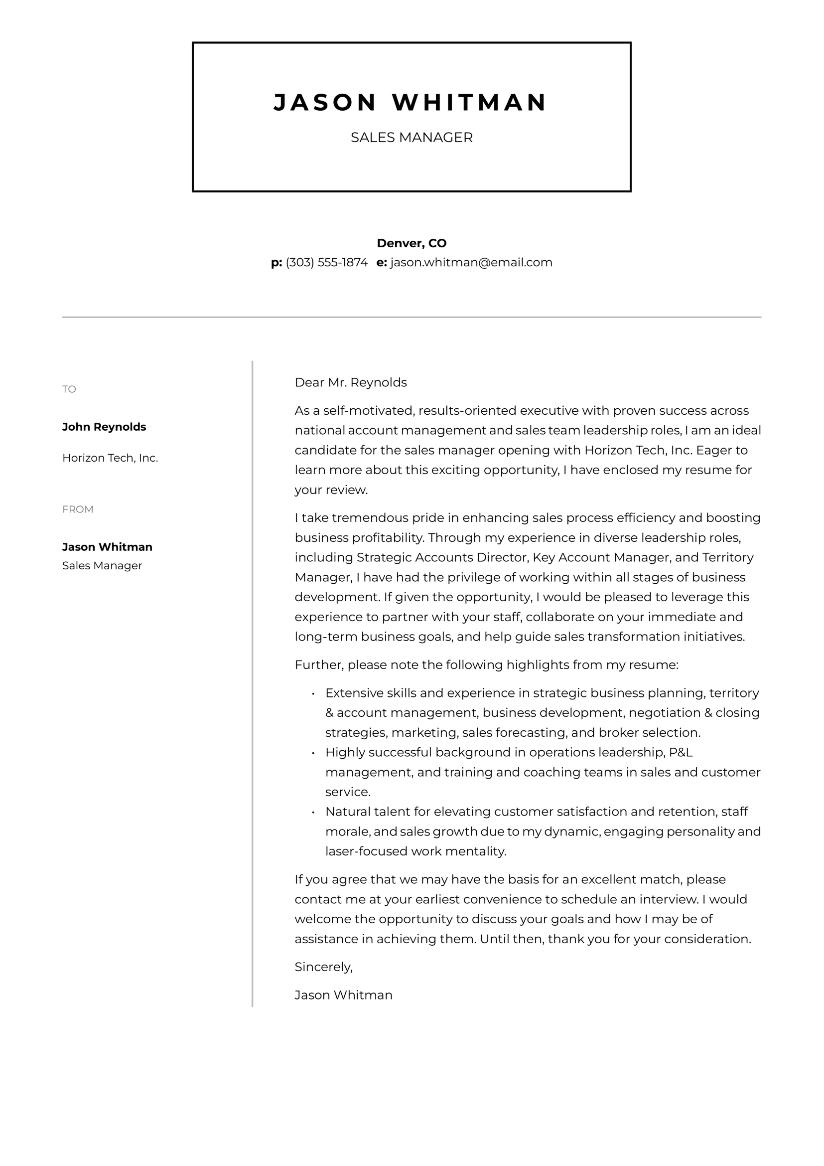 Sales Manager cover letter example & writing guide