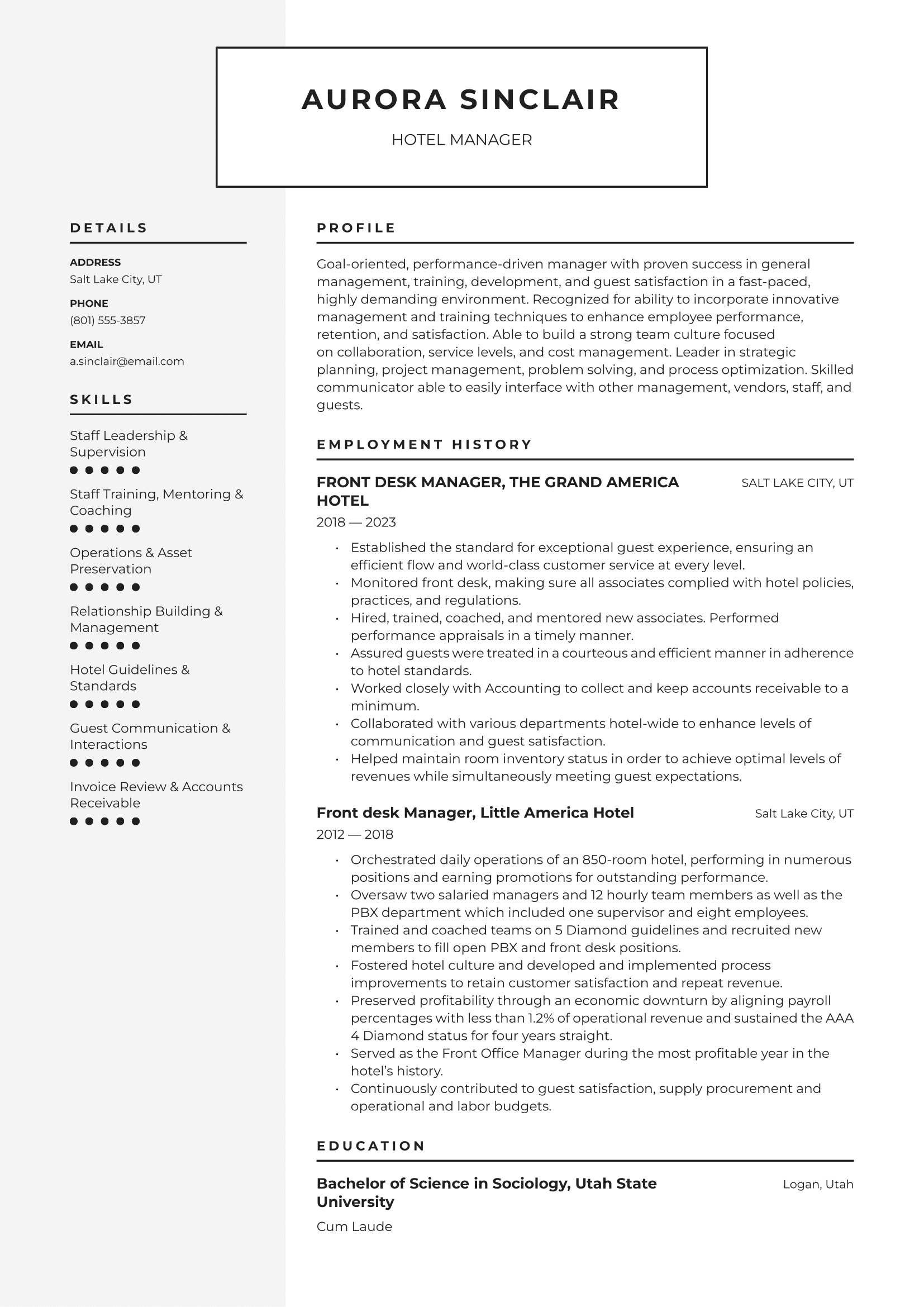 Hotel Manager Resume Example & Writing Guide