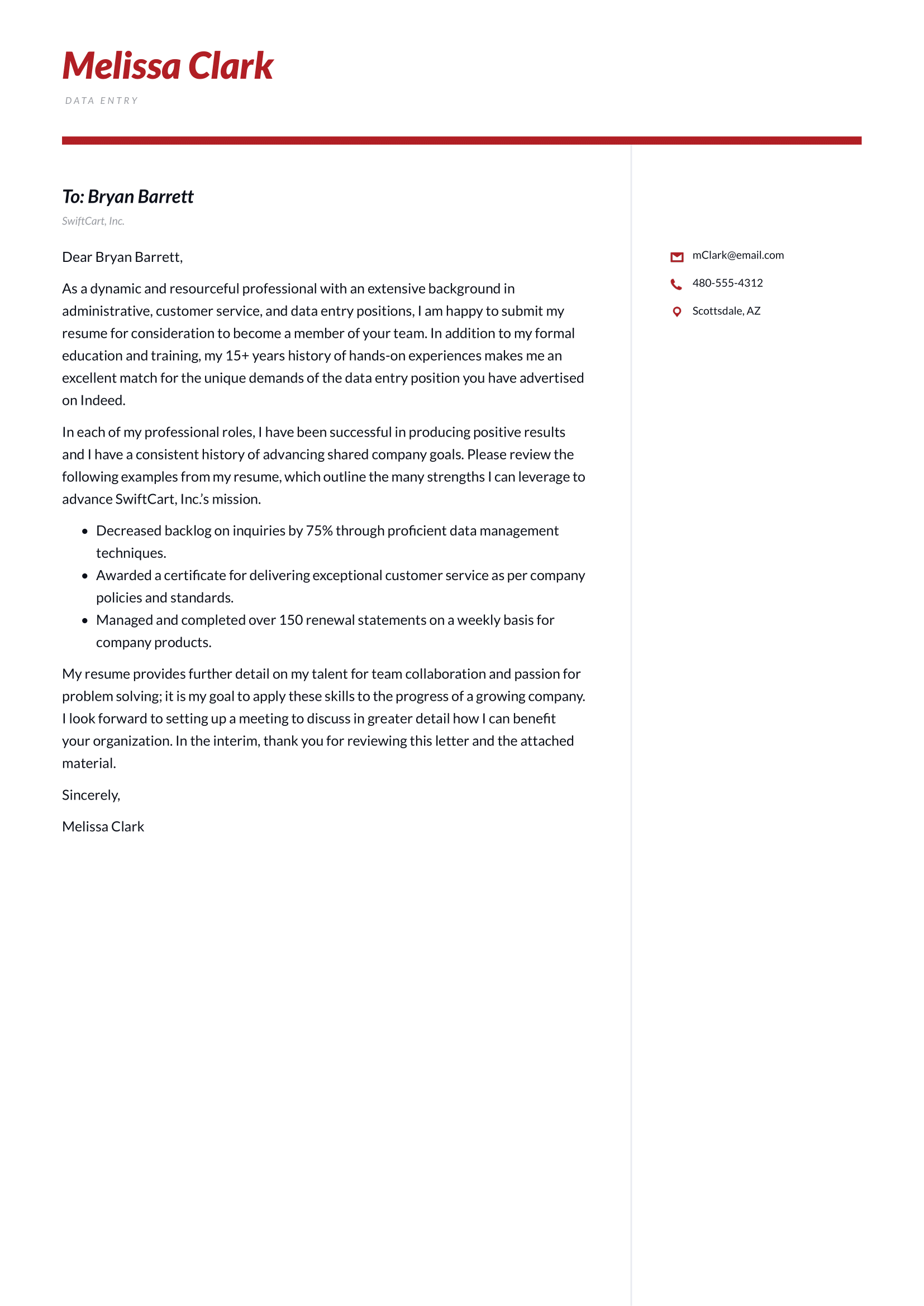 Data Entry Cover Letter Example & Writing Guide
