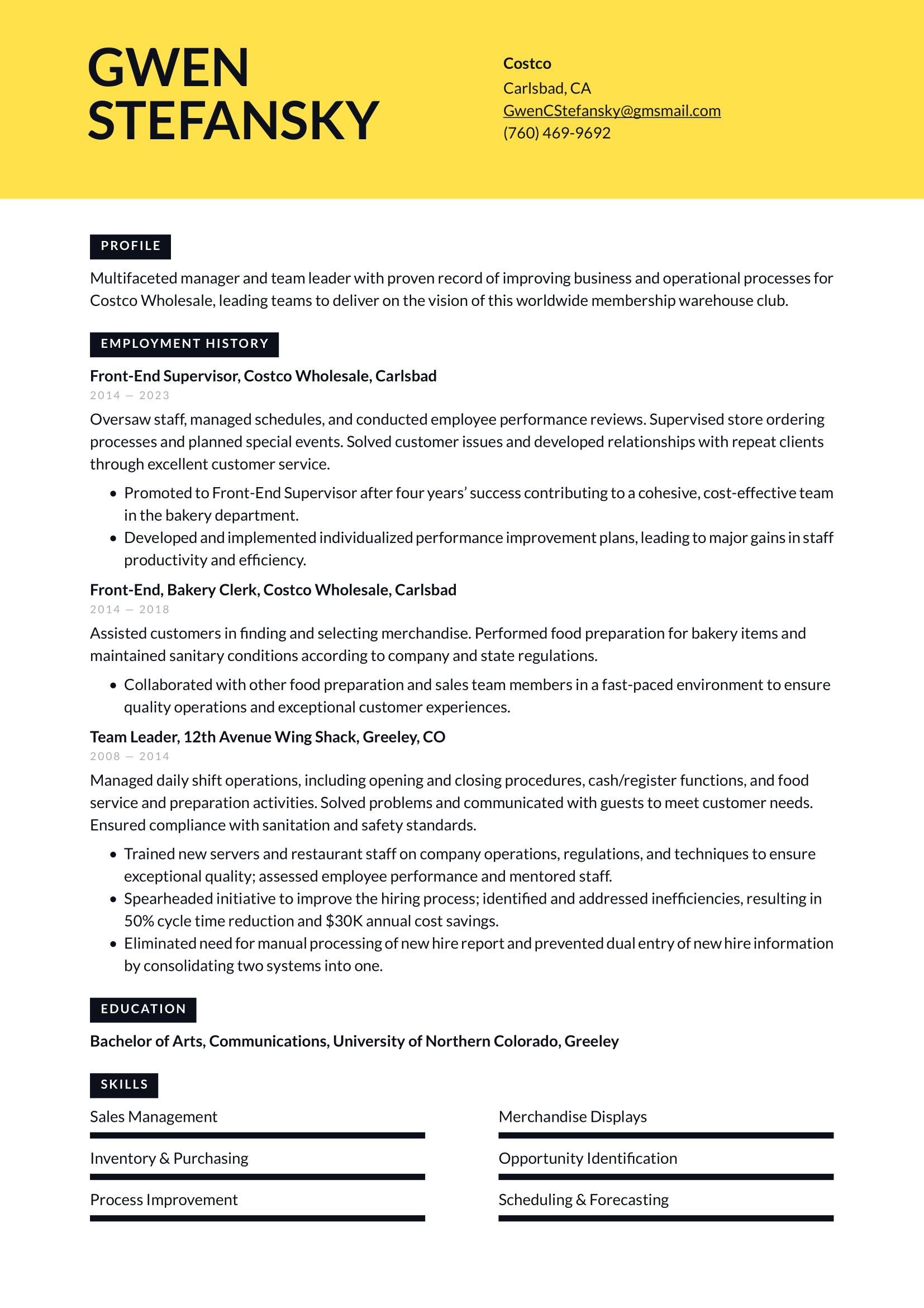 Costco Resume Example & Writing Guide
