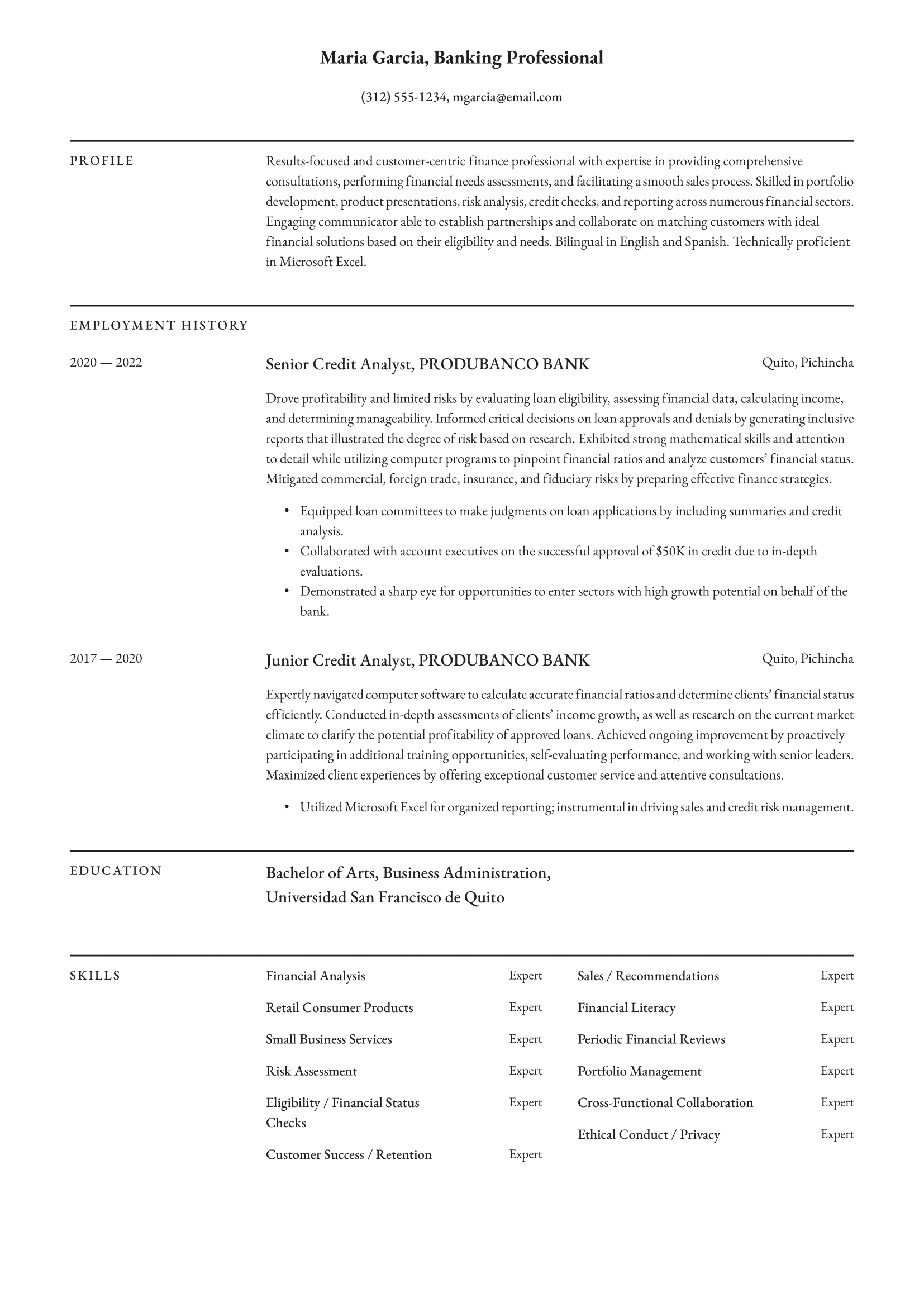 Banker Resume Example