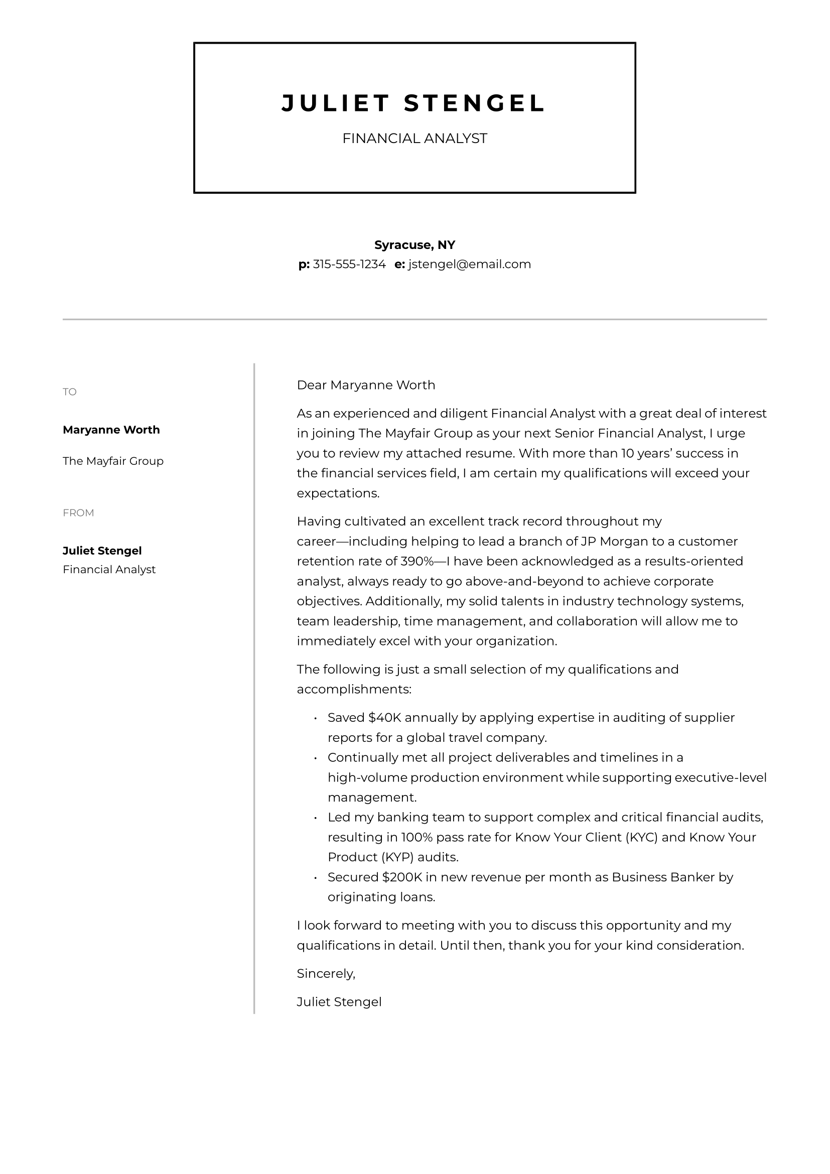 Financial Analyst cover letter example & writing guide