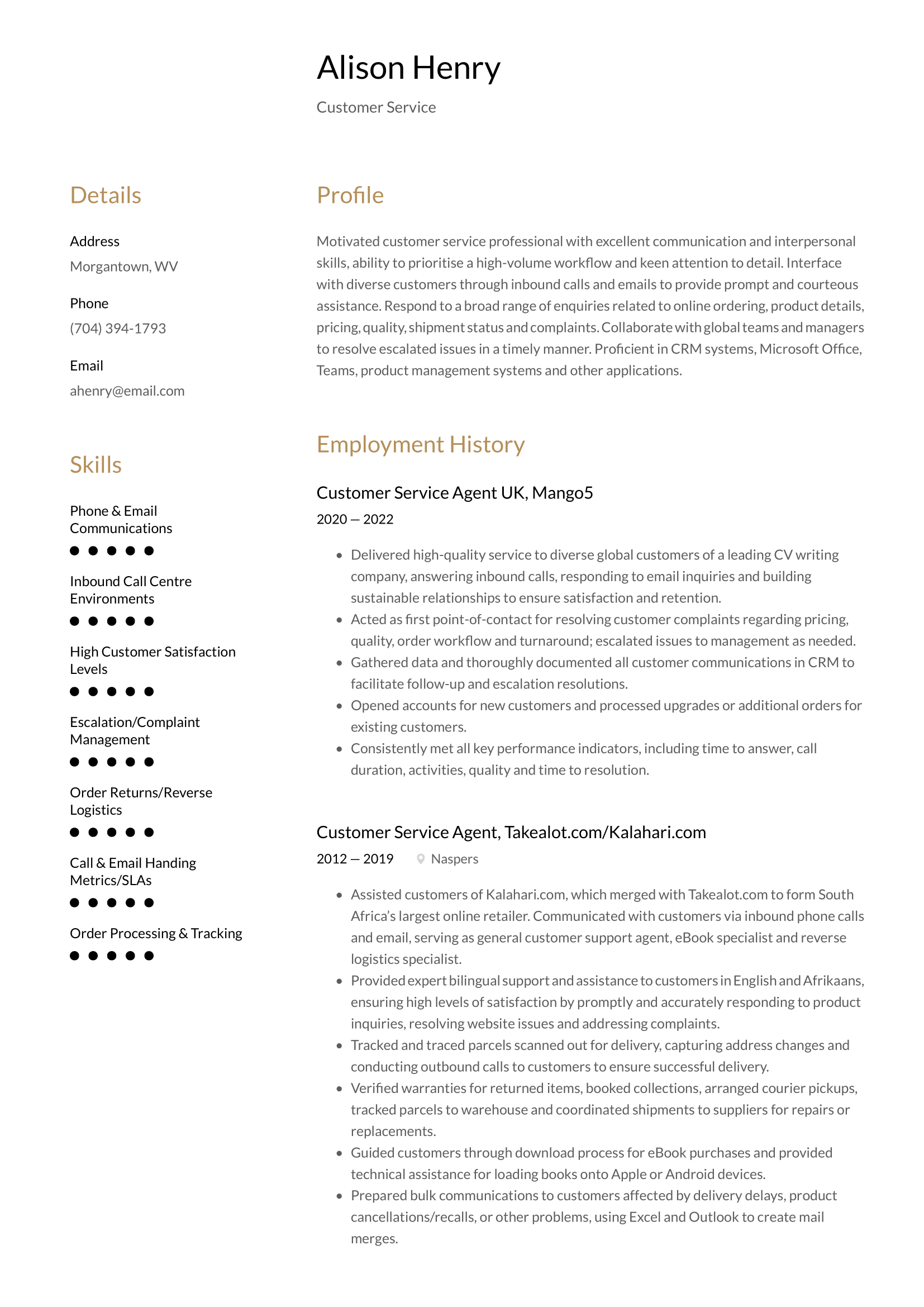 Customer Service Resume Example