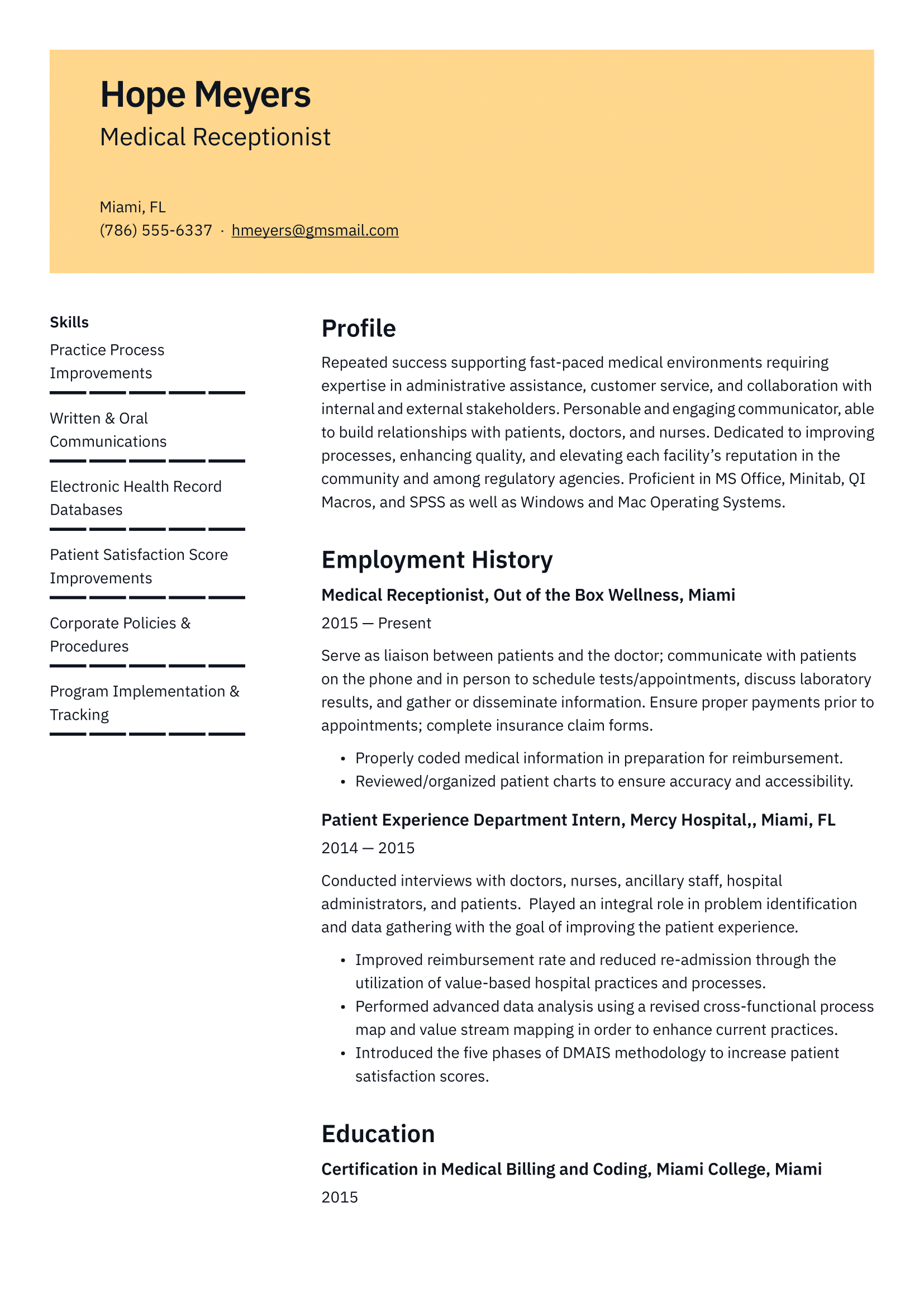 Medical Receptionist Resume Example and Writing Guide