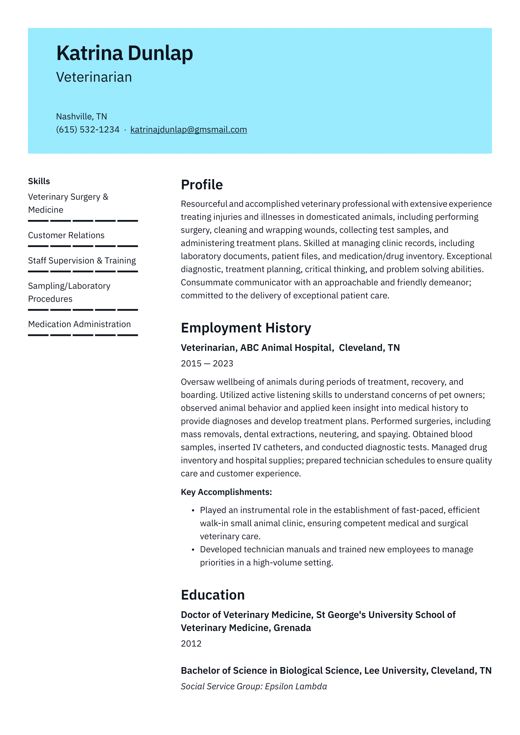 Veterinarian Resume Example & Writing Guide