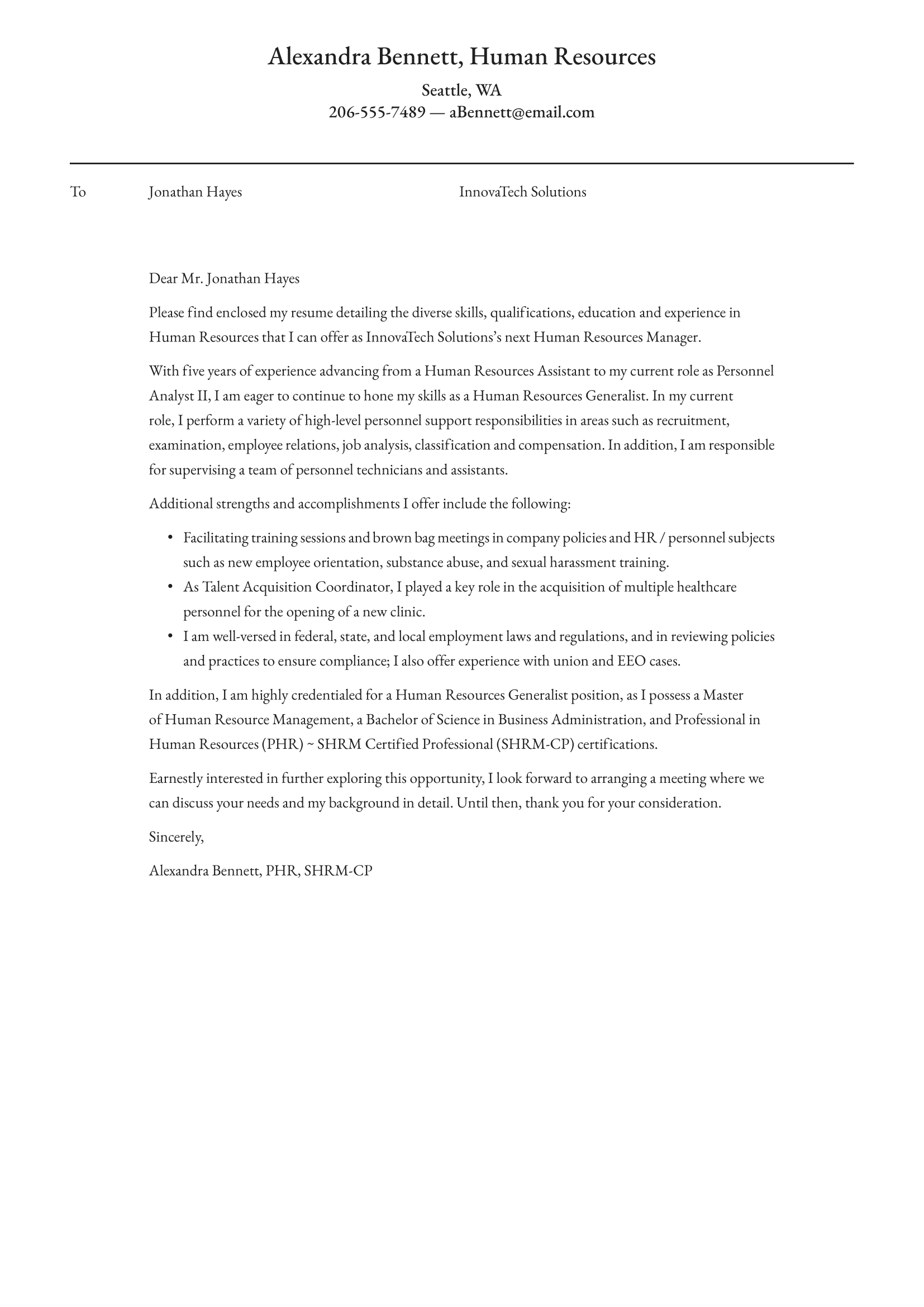 Human Resources Cover Letter Example & Writing Guide