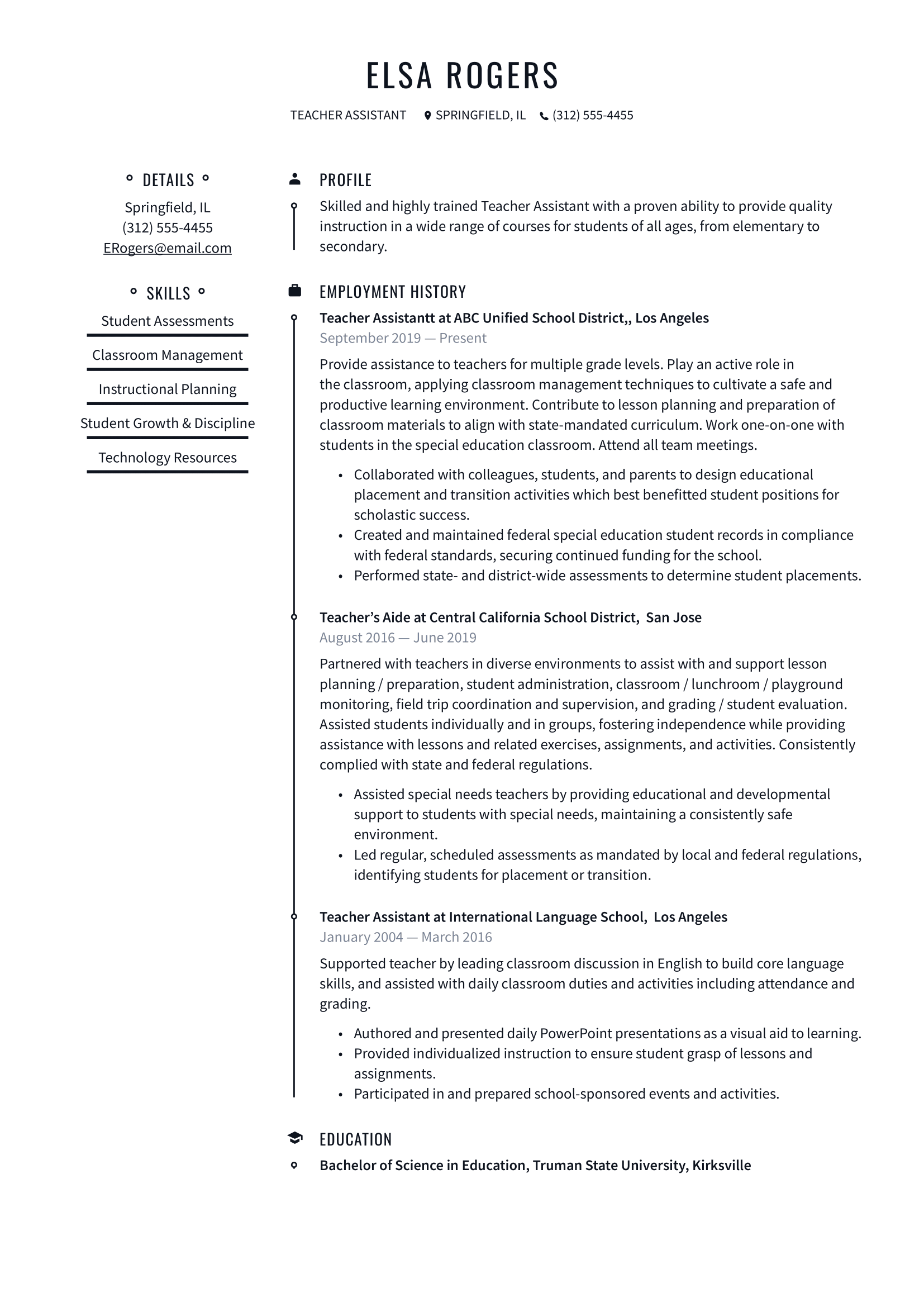 Teacher Assistant Resume Example & Writing Guide