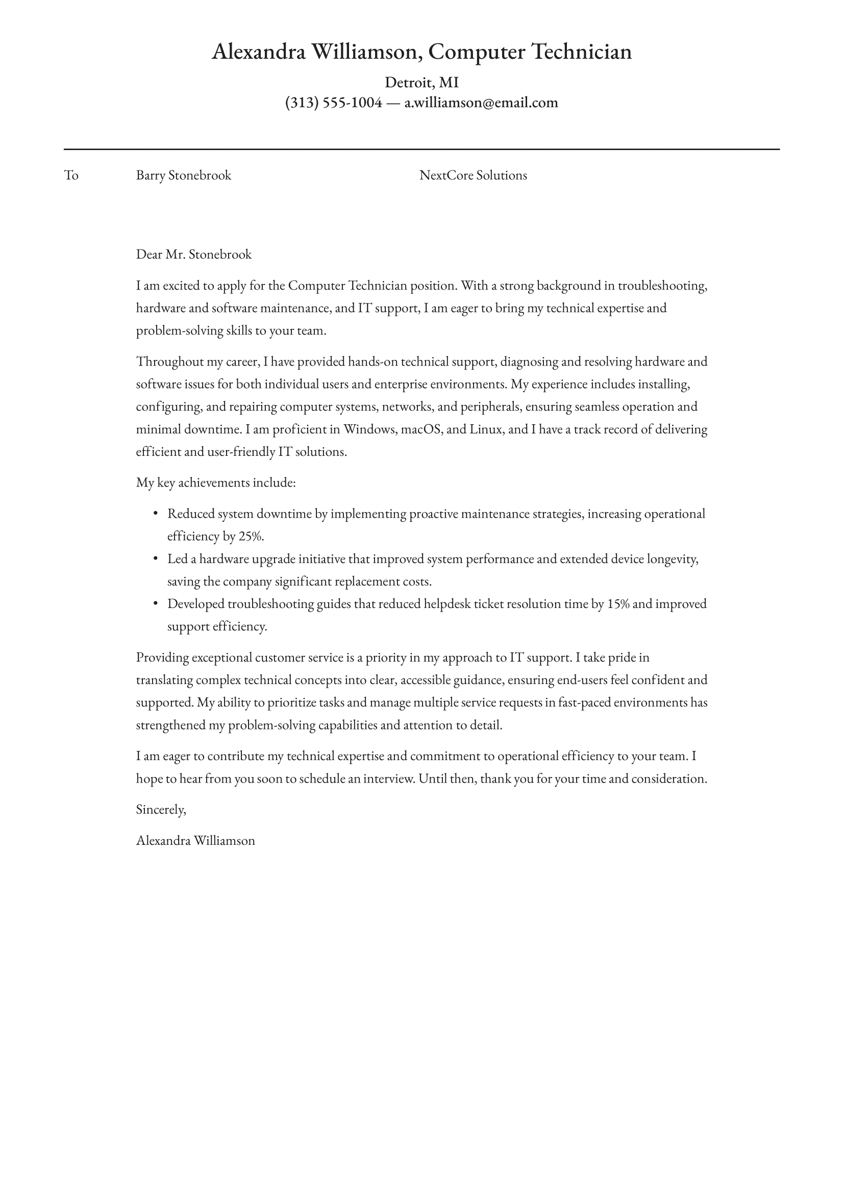 Computer Technician cover letter example & writing guide