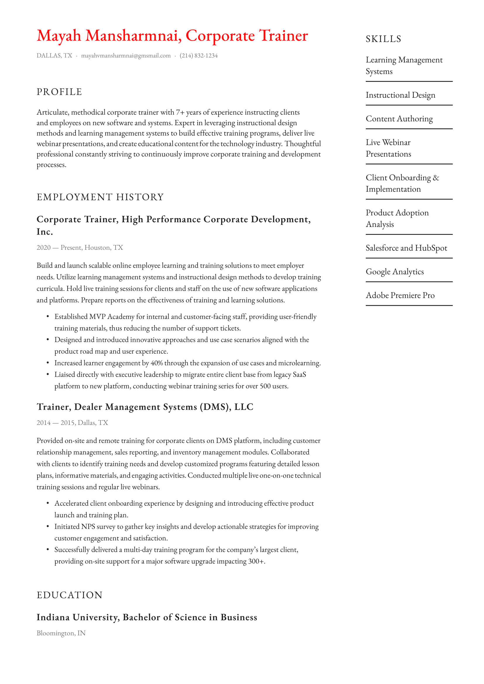 Corporate Trainer Resume Example & Writing Guide