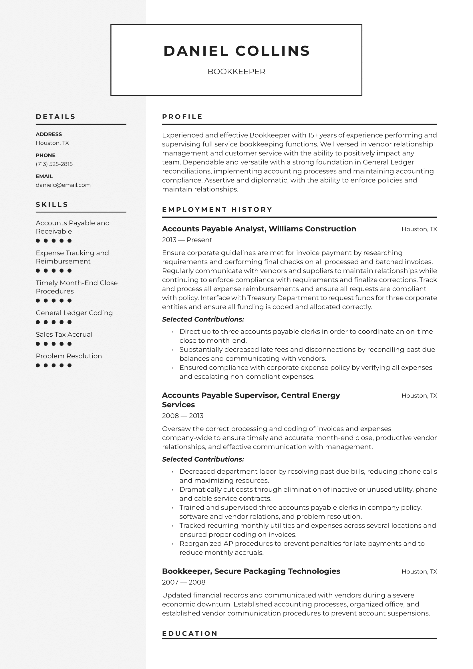 Bookkeeper Resume Example & Writing Guide