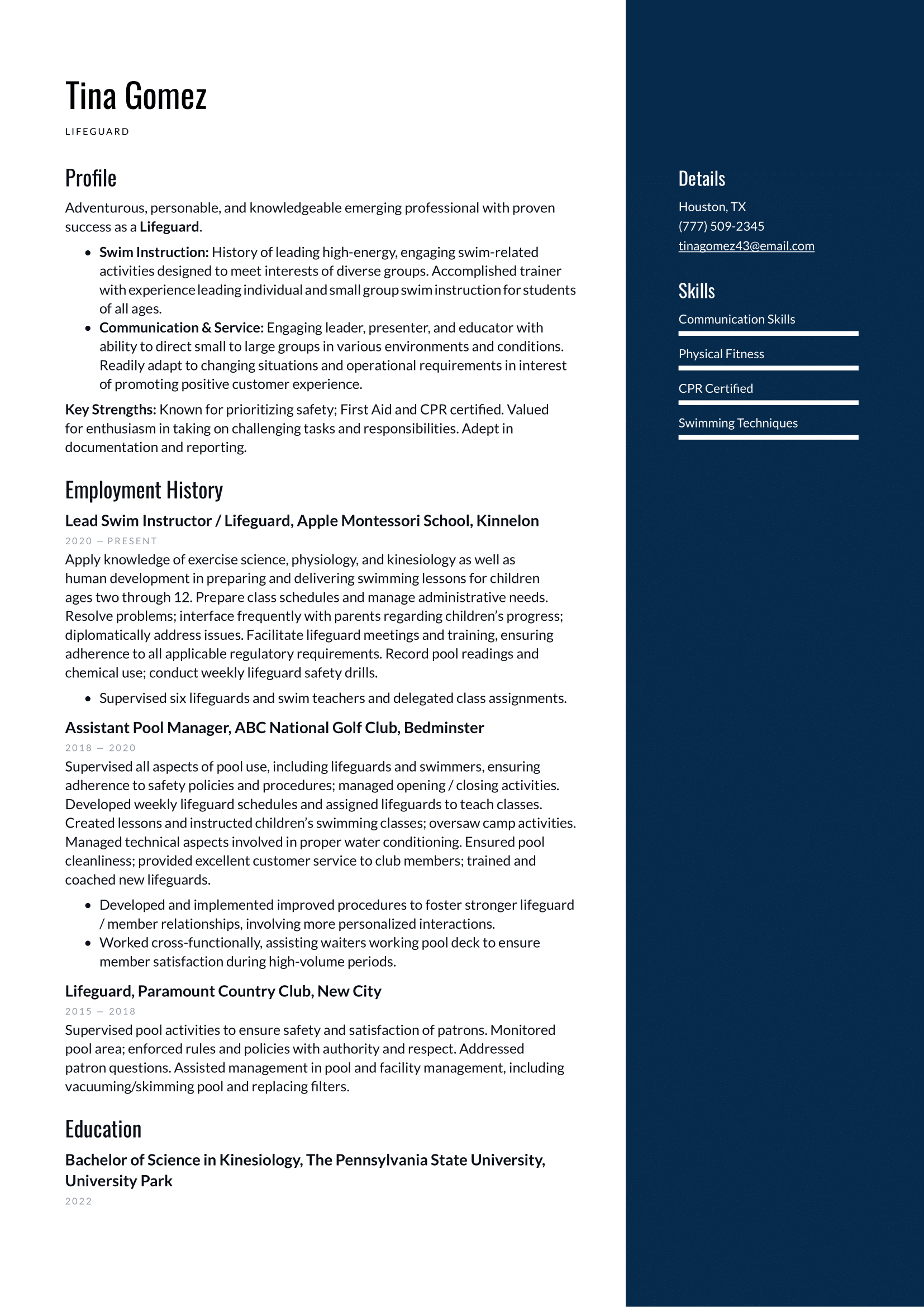 Lifeguard Resume Example & Writing Guide