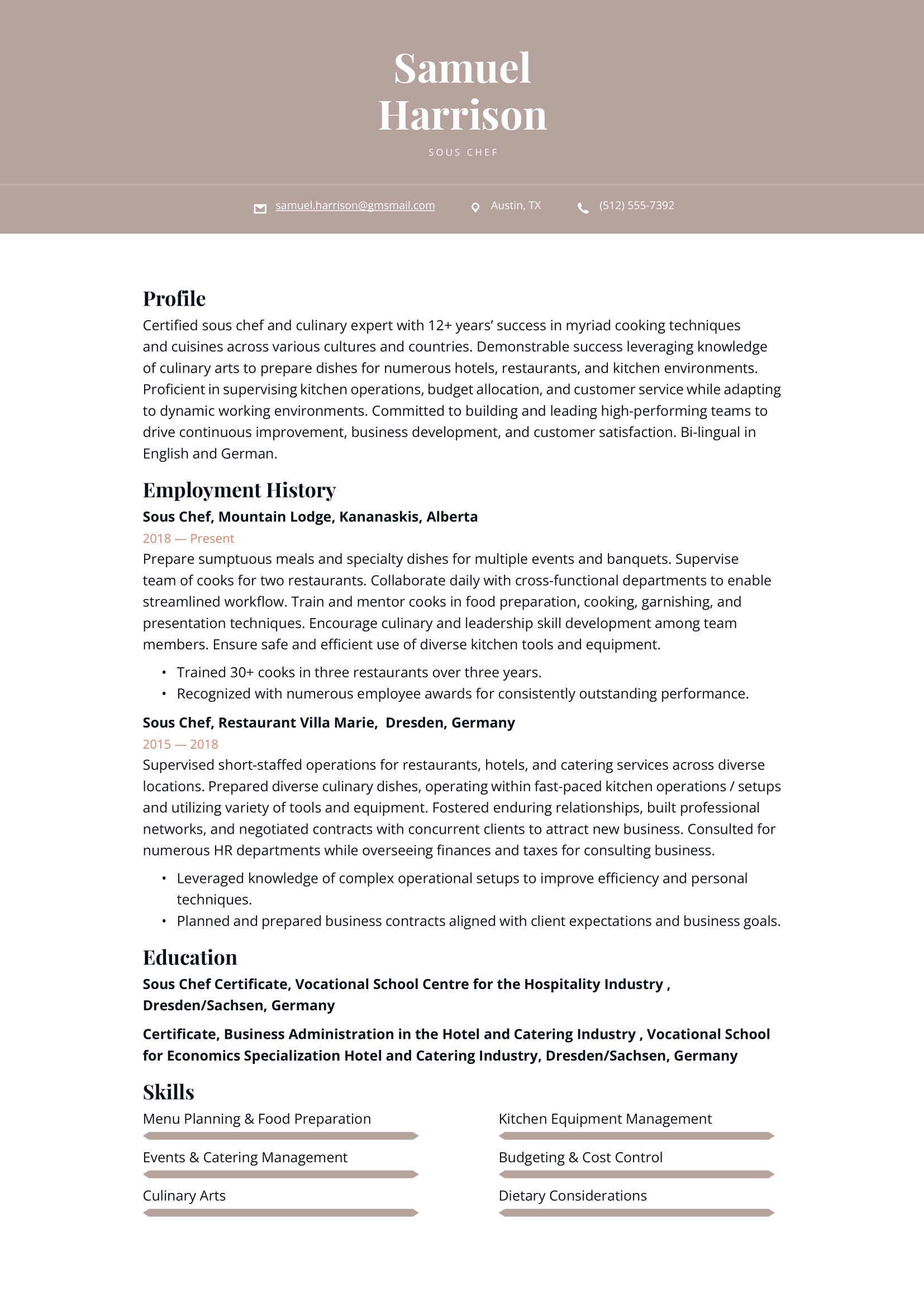 Sous Chef Resume Example and Writing Guide