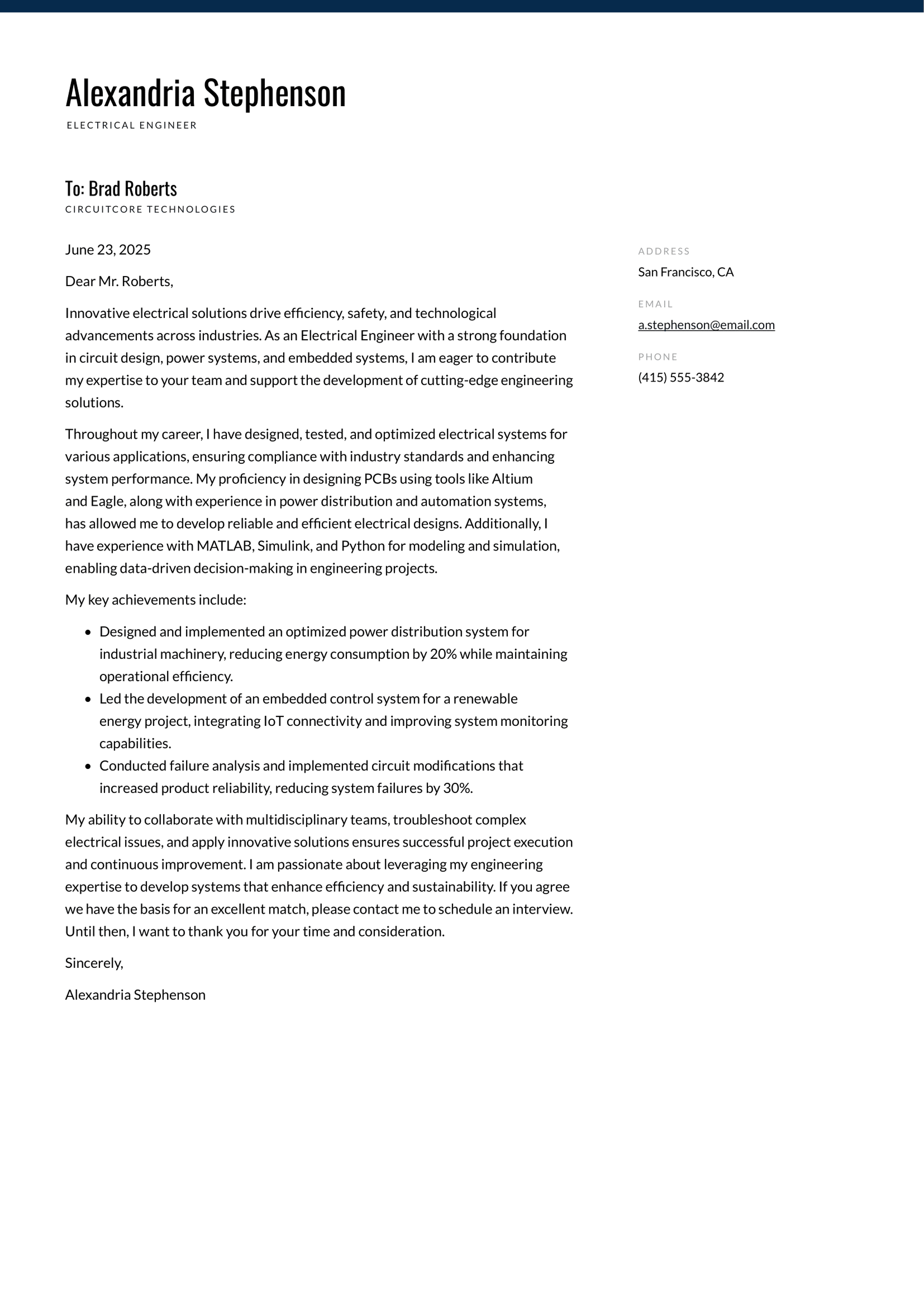 Electrical Engineer cover letter example writing guide Electrical Engineer cover letter example writing guide