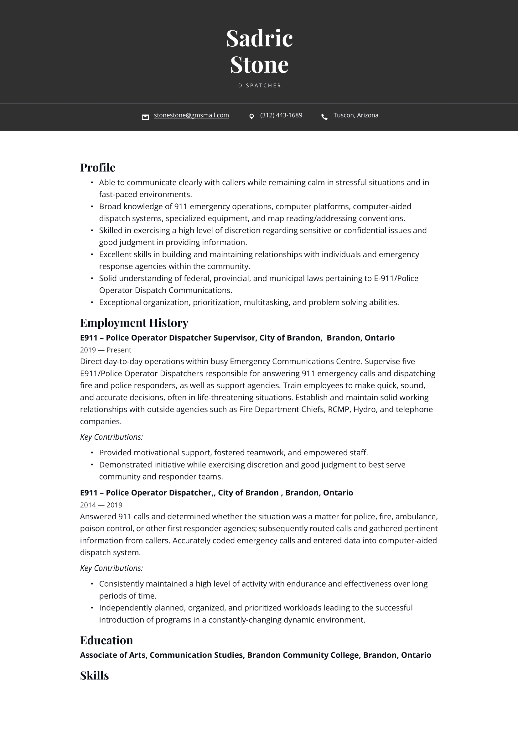 Dispatcher Resume Example & Writing Guide