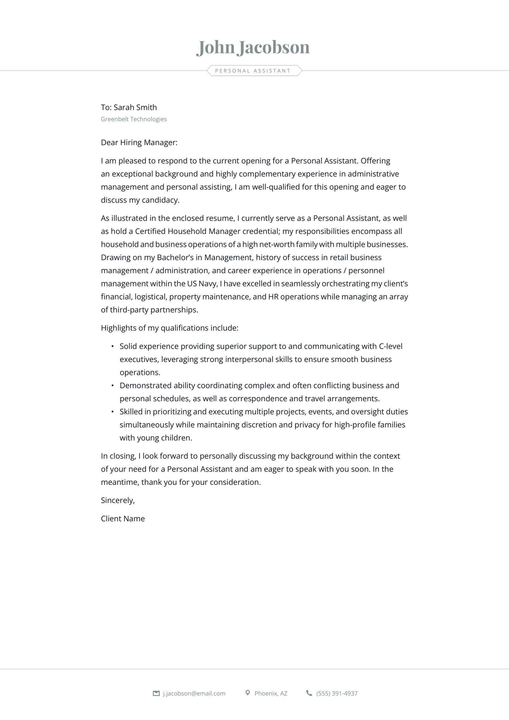 Personal Assistant cover letter example & writing guide