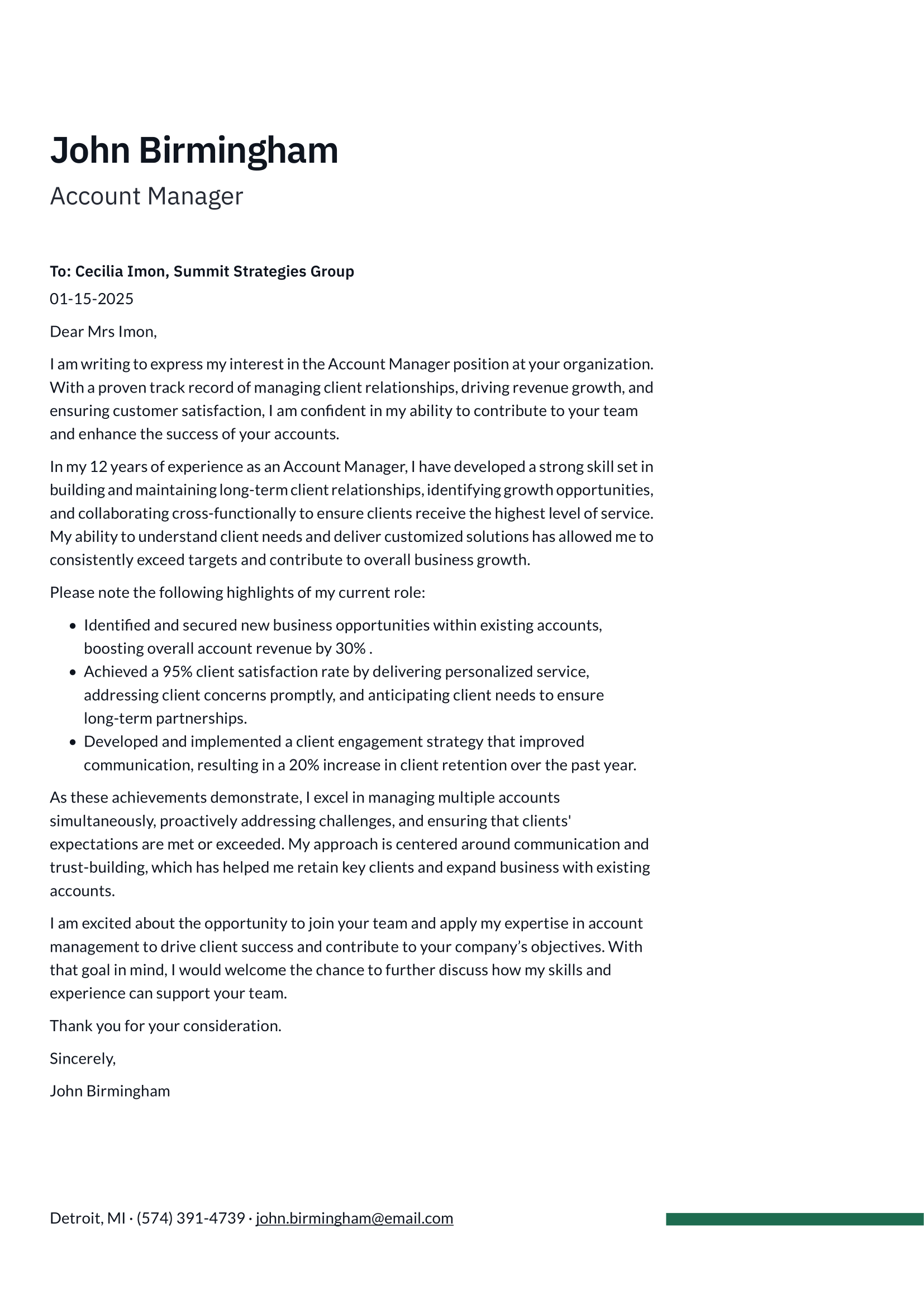 Account Manager cover letter example & writing guide