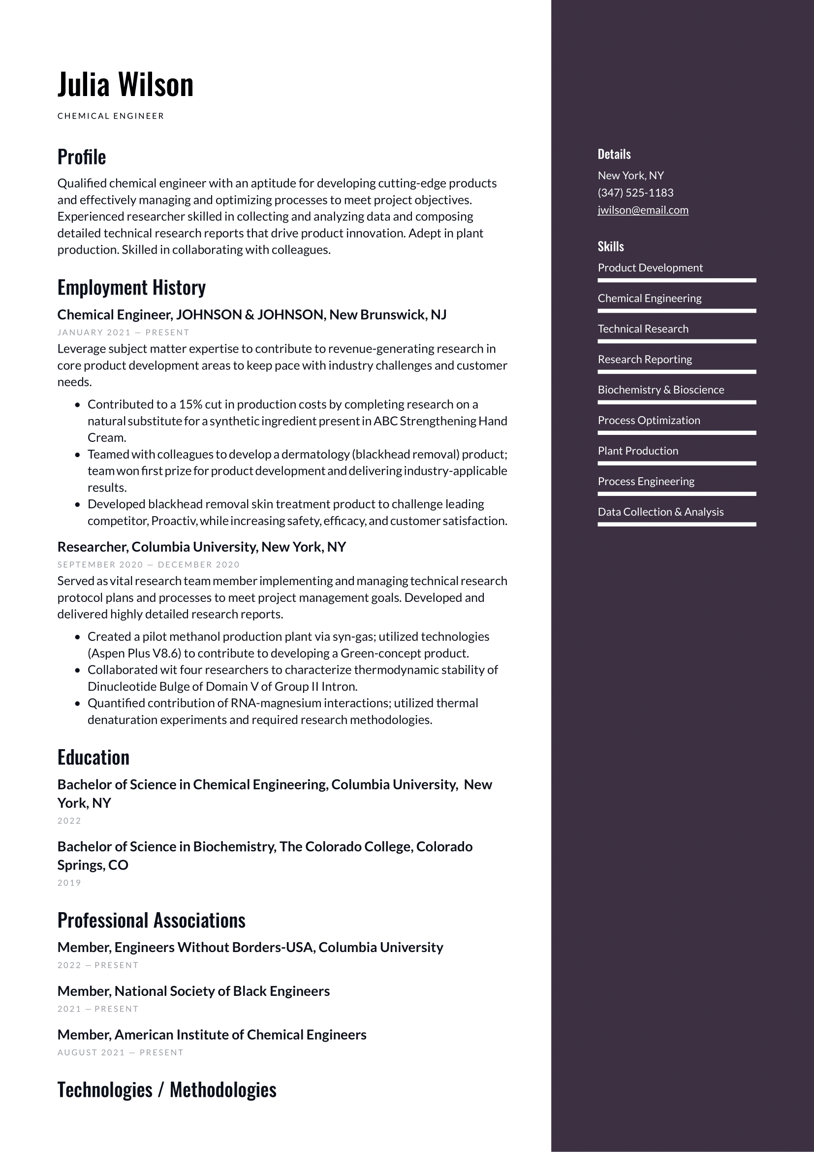Chemical Engineer Resume Example & Writing Guide