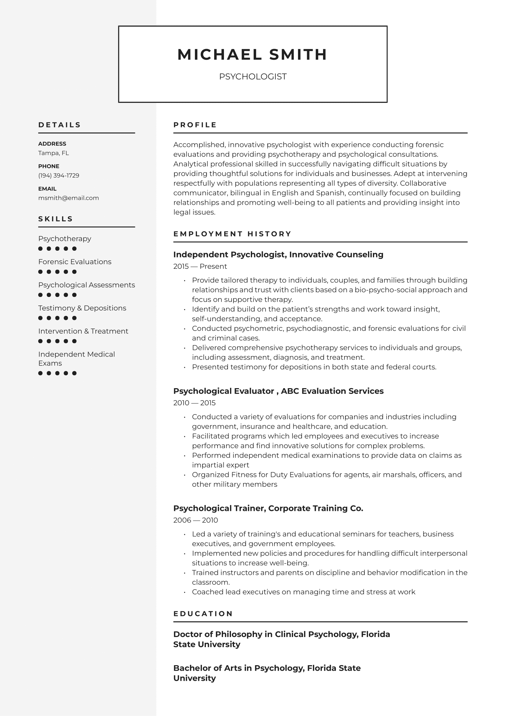 Psychologist Resume Example & Writing Guide