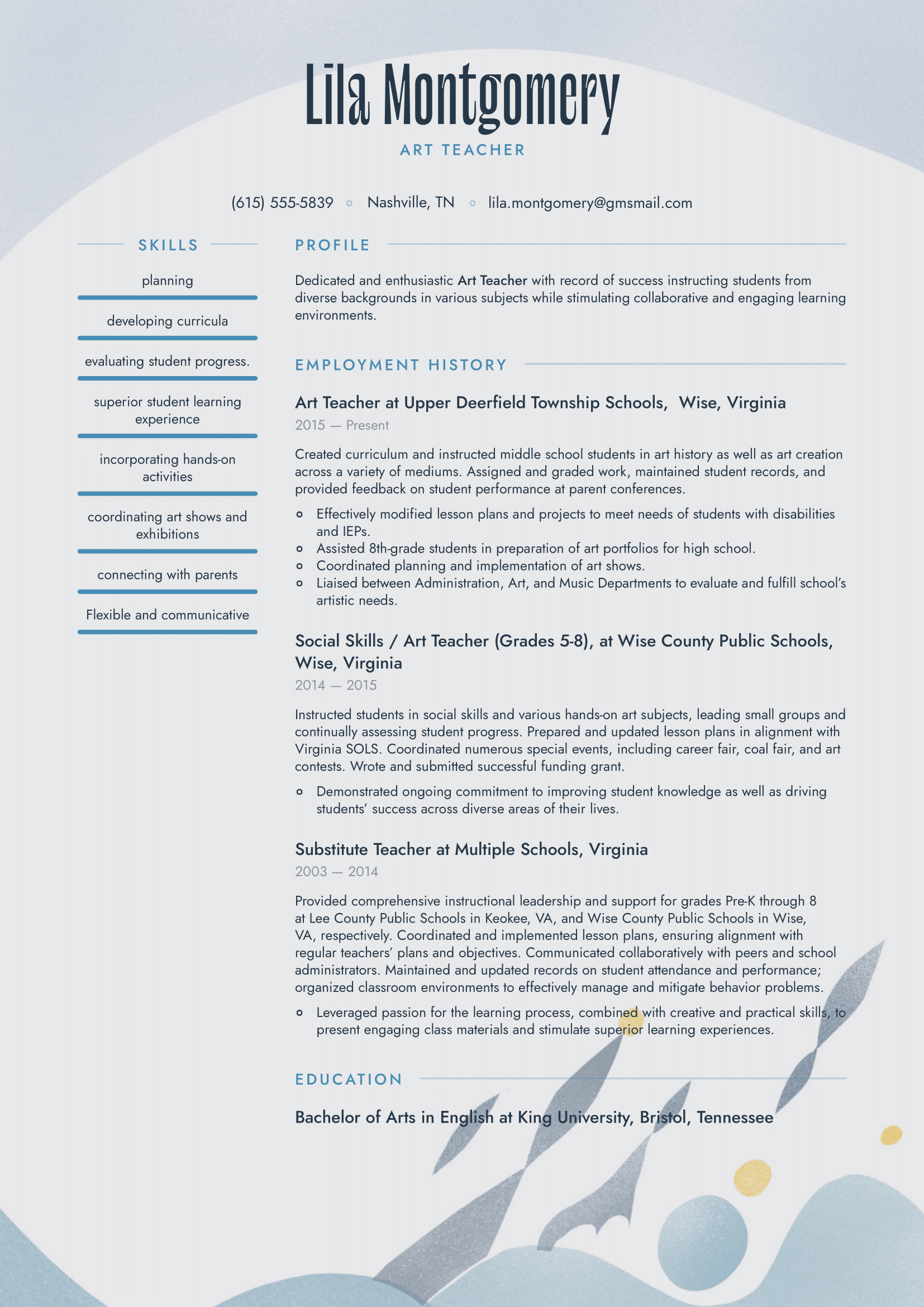 Art Teacher Resume Example and Writing Guide