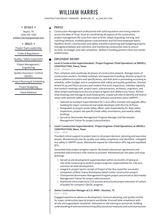 Construction Project Manager Resume Example and Writing Guide