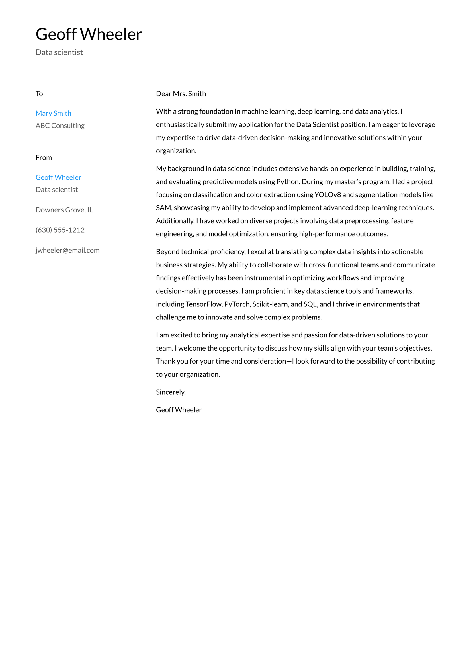Data Scientist cover letter example & writing guide