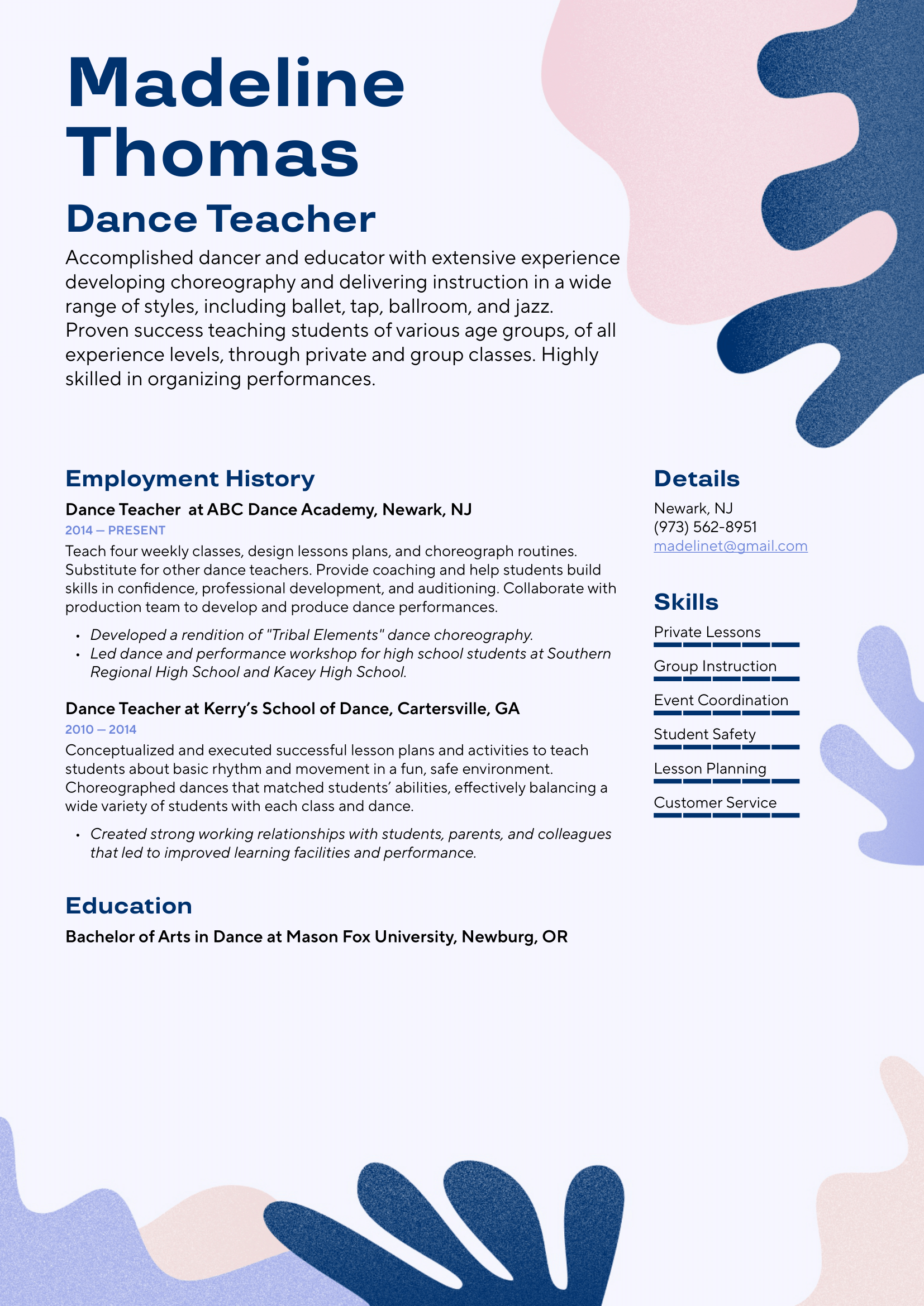 Dance teacher resume example