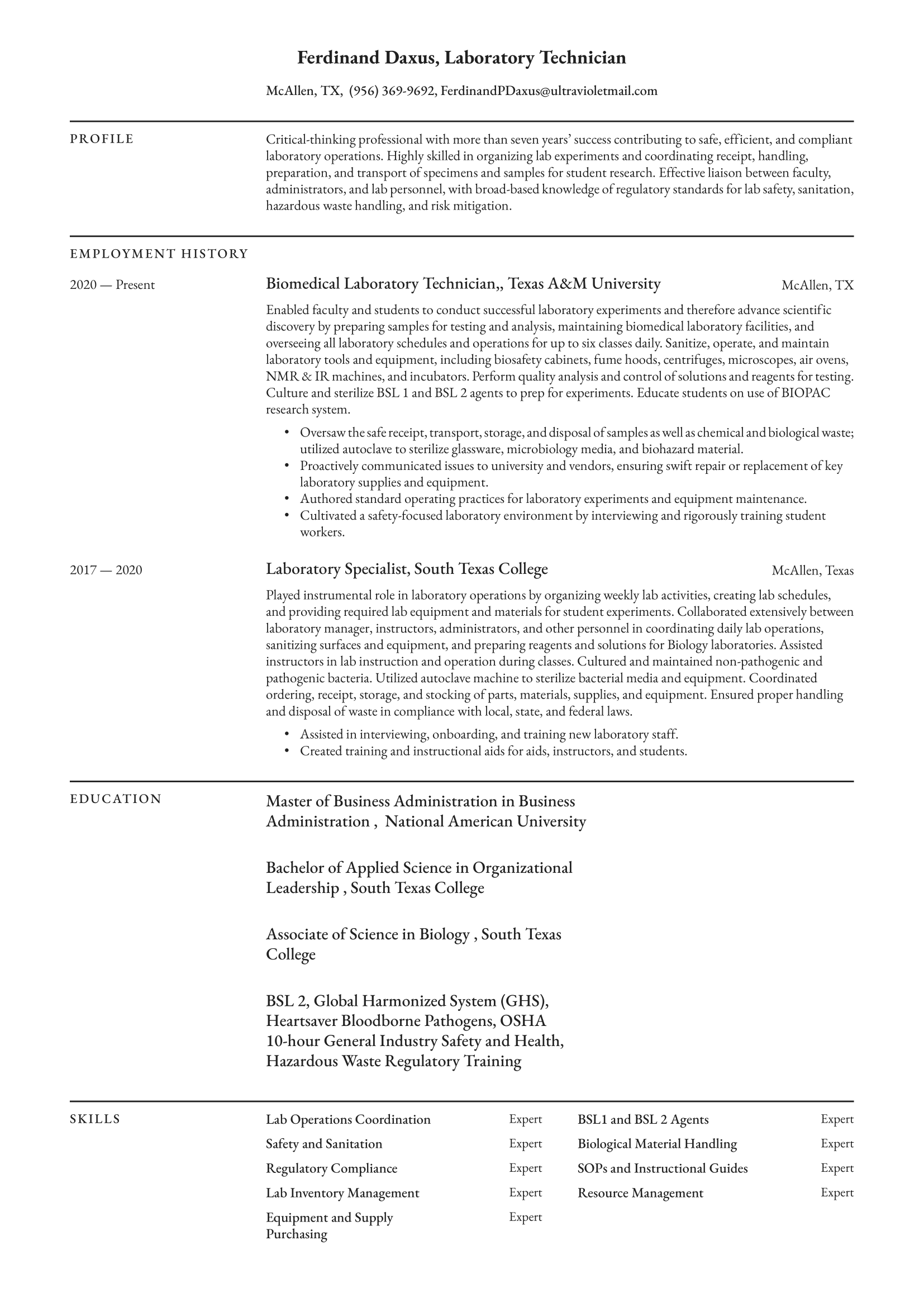 Laboratory Technician Resume Example and Writing Guide