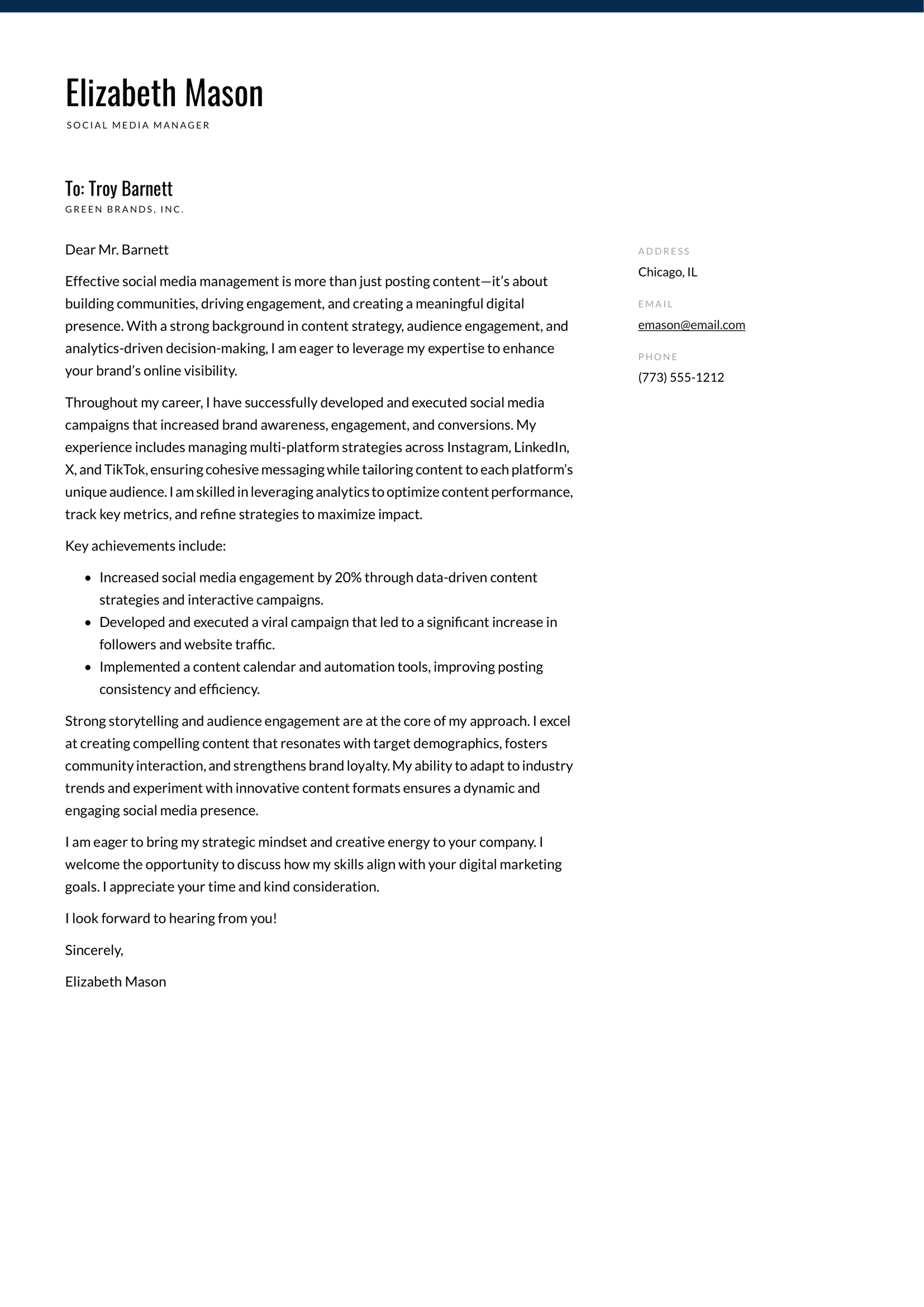 Social Media Manager cover letter example & writing guide