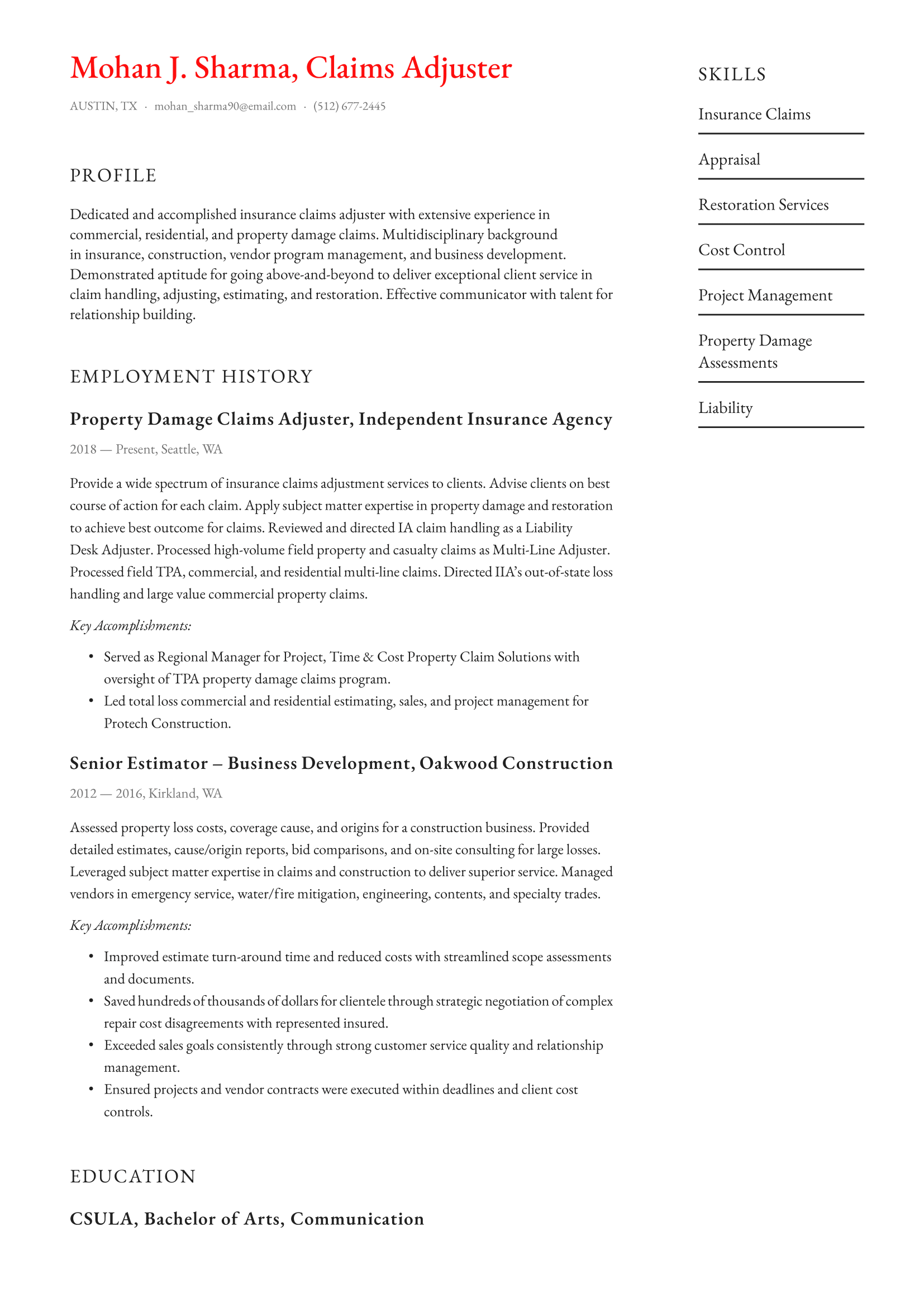 Claims Adjuster Resume Example & Writing Guide