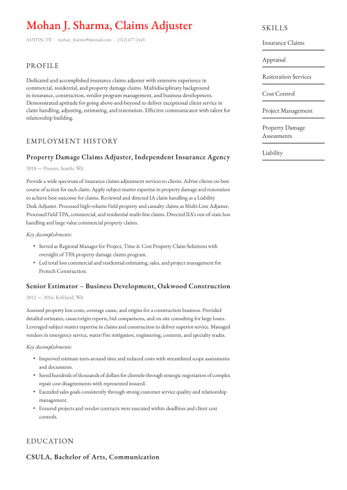 Claims Adjuster Resume Example & Writing Guide
