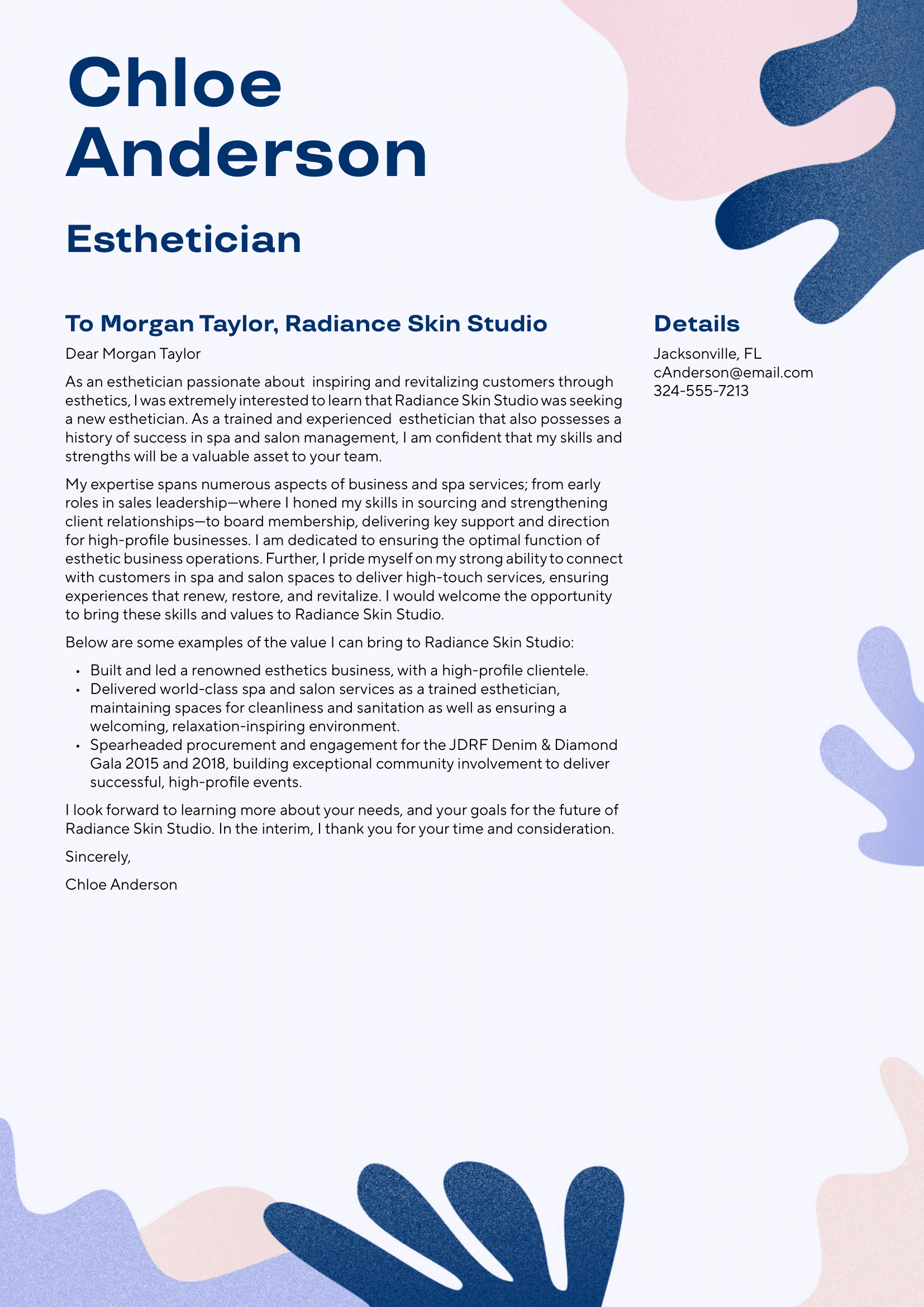 Esthetician Cover Letter Example & Writing Guide