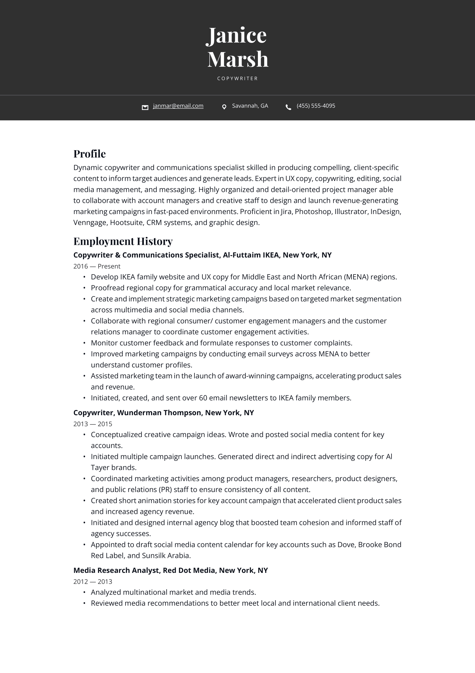 Copywriter Resume Example and Writing Guide