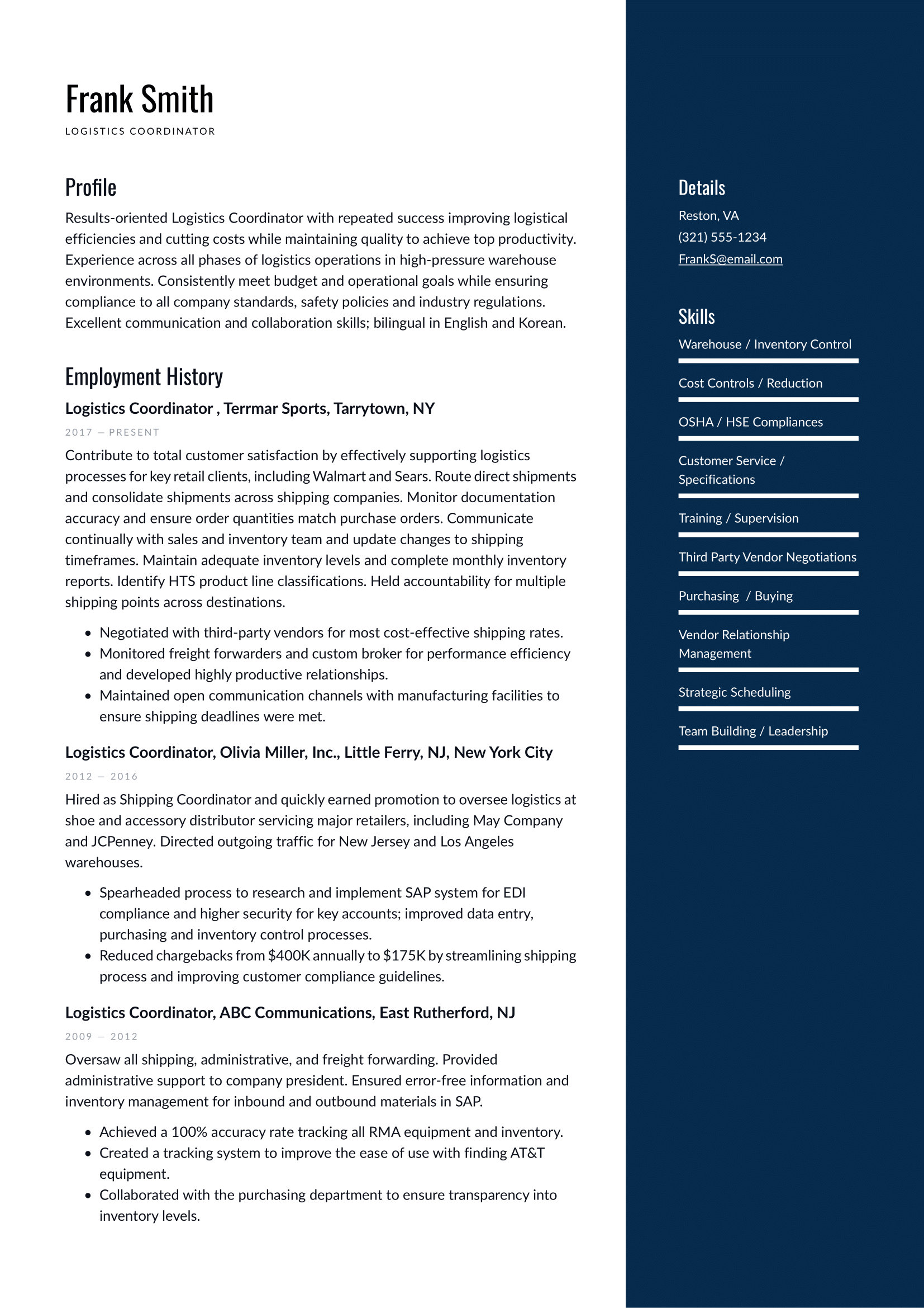 Logistics Coordinator Resume Example & Writing Guide