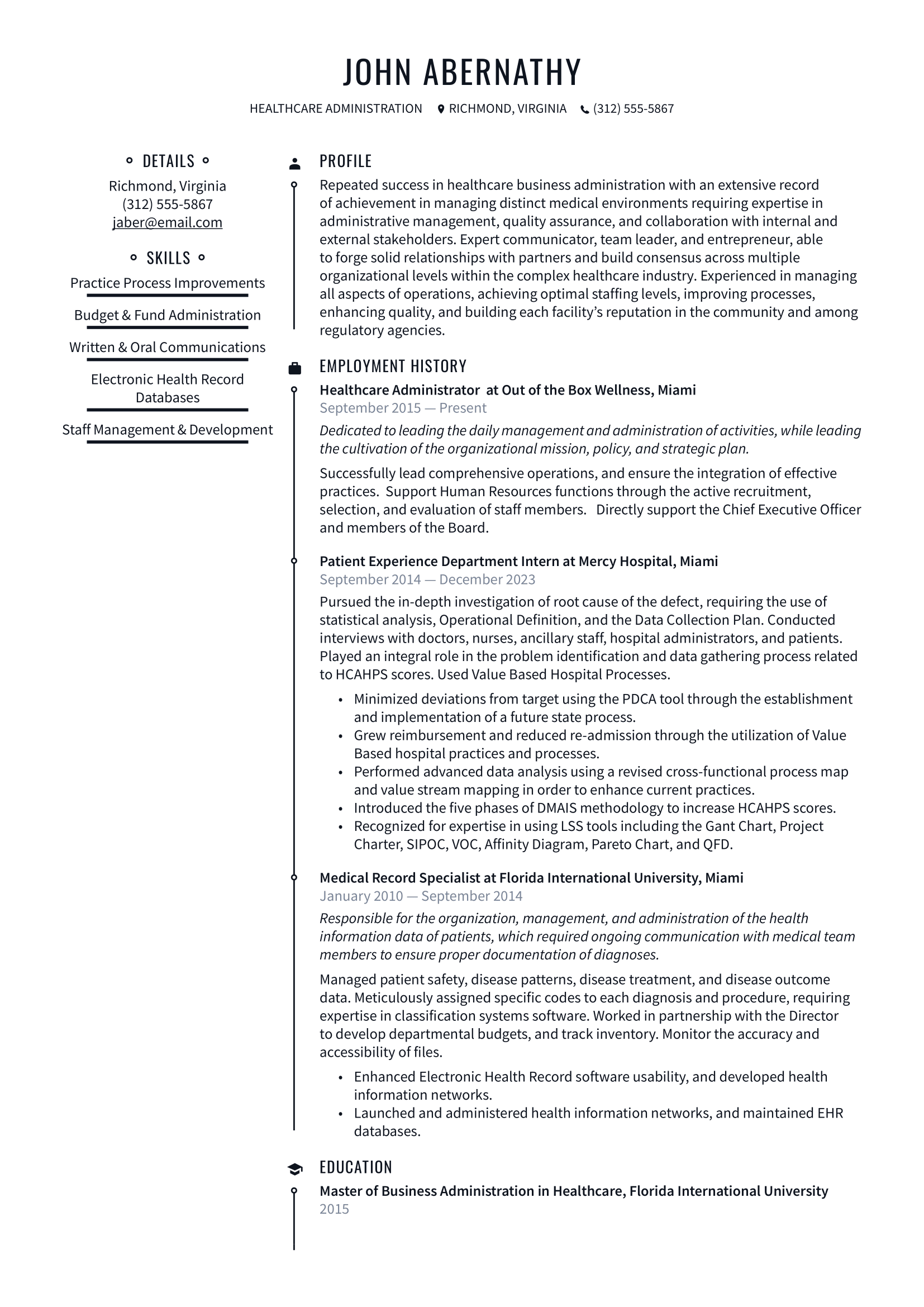 Healthcare Administration Resume Example & Writing Guide