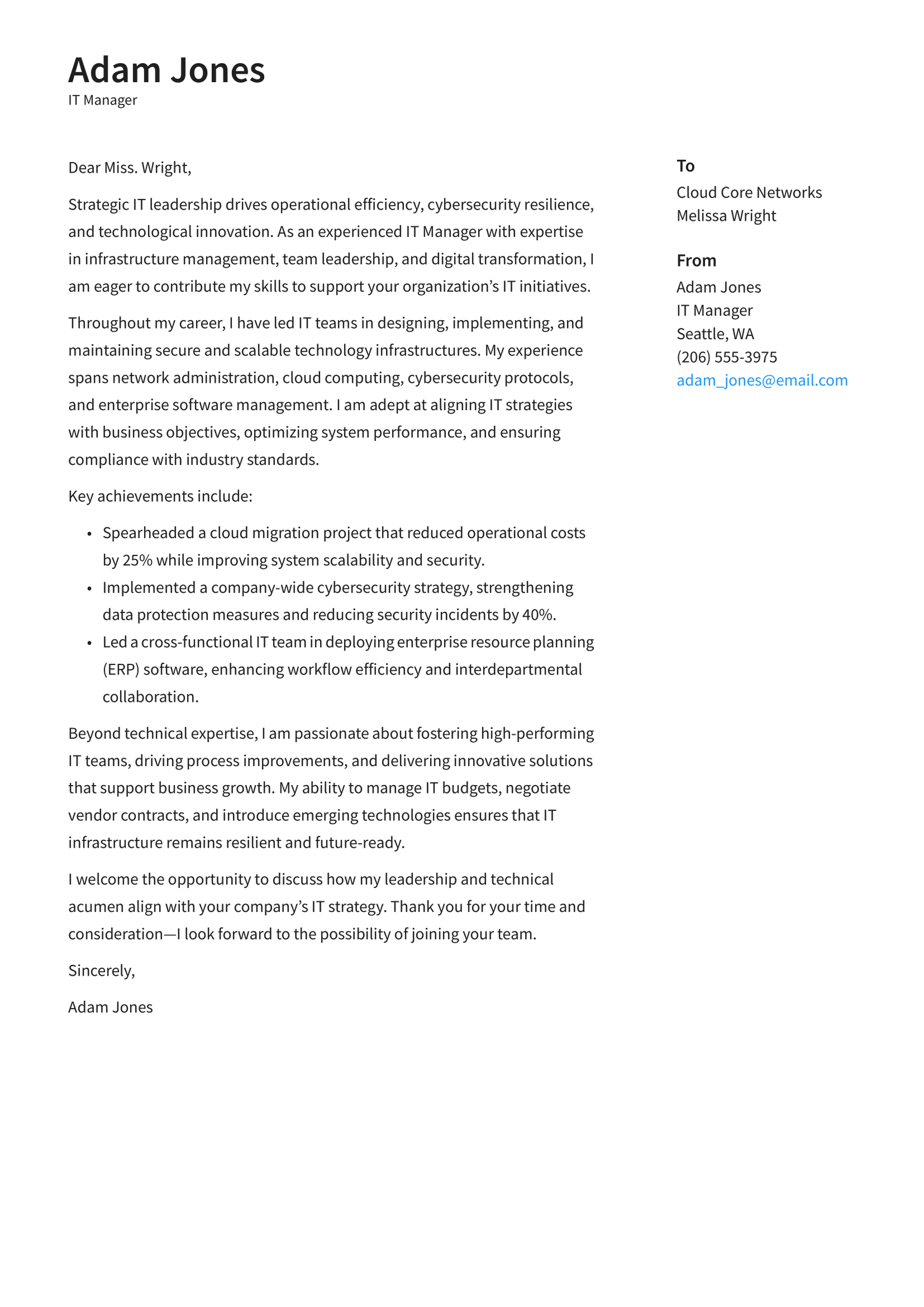 IT Manager cover letter example & writing guide