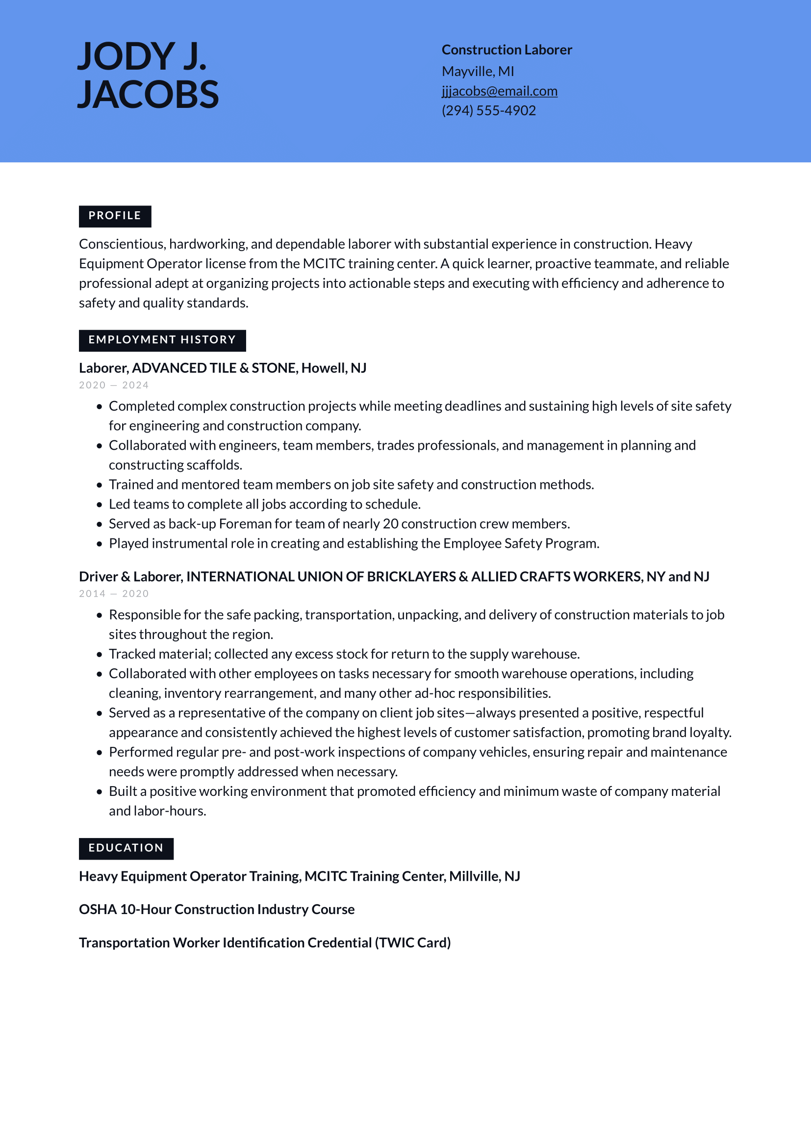 Construction Laborer Resume Example and Writing Guide