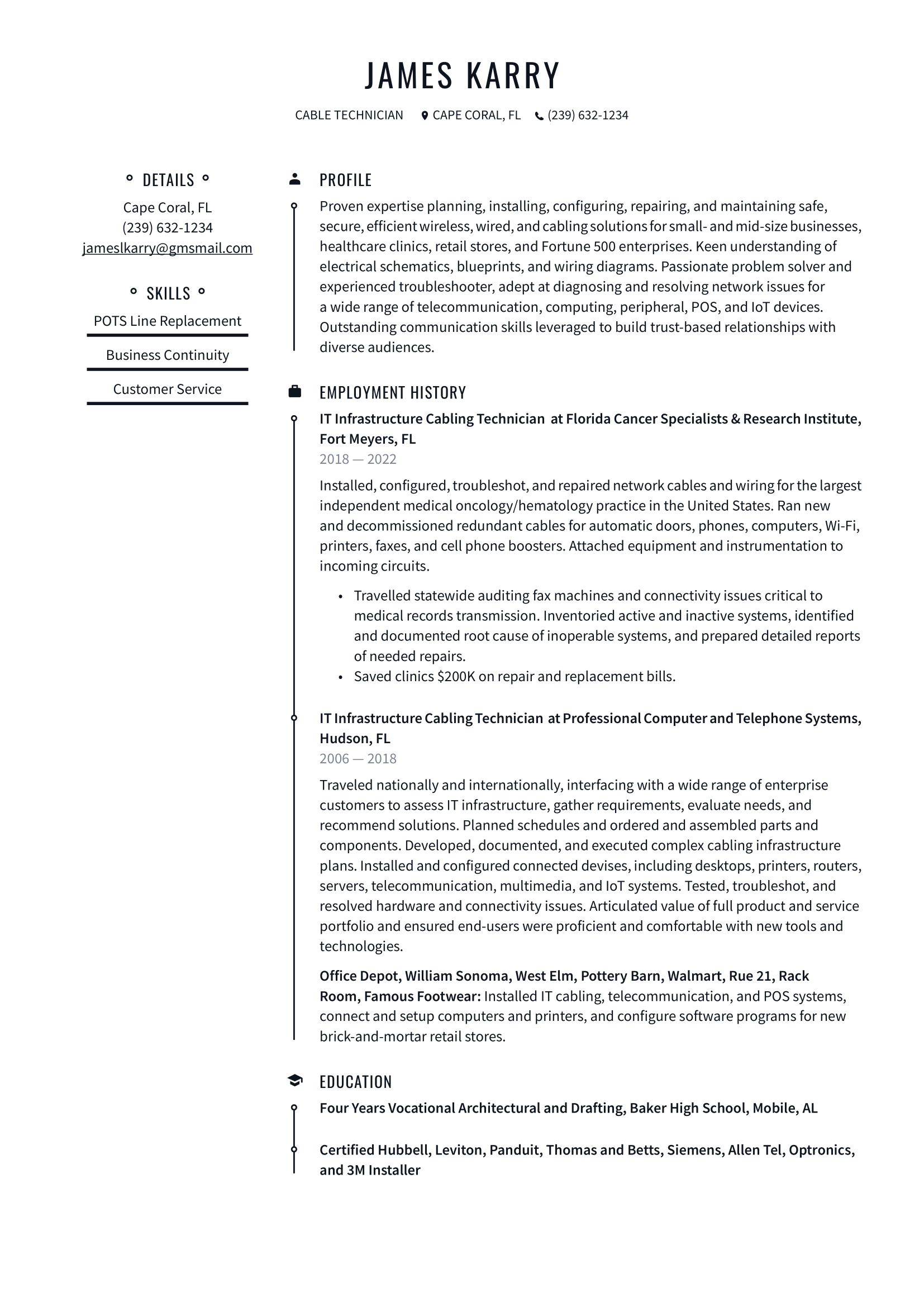 Cable Technician Resume Example & Writing Guide 