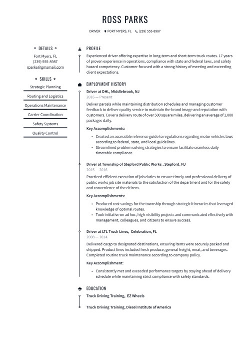 Driver Resume Example and Writing Guide