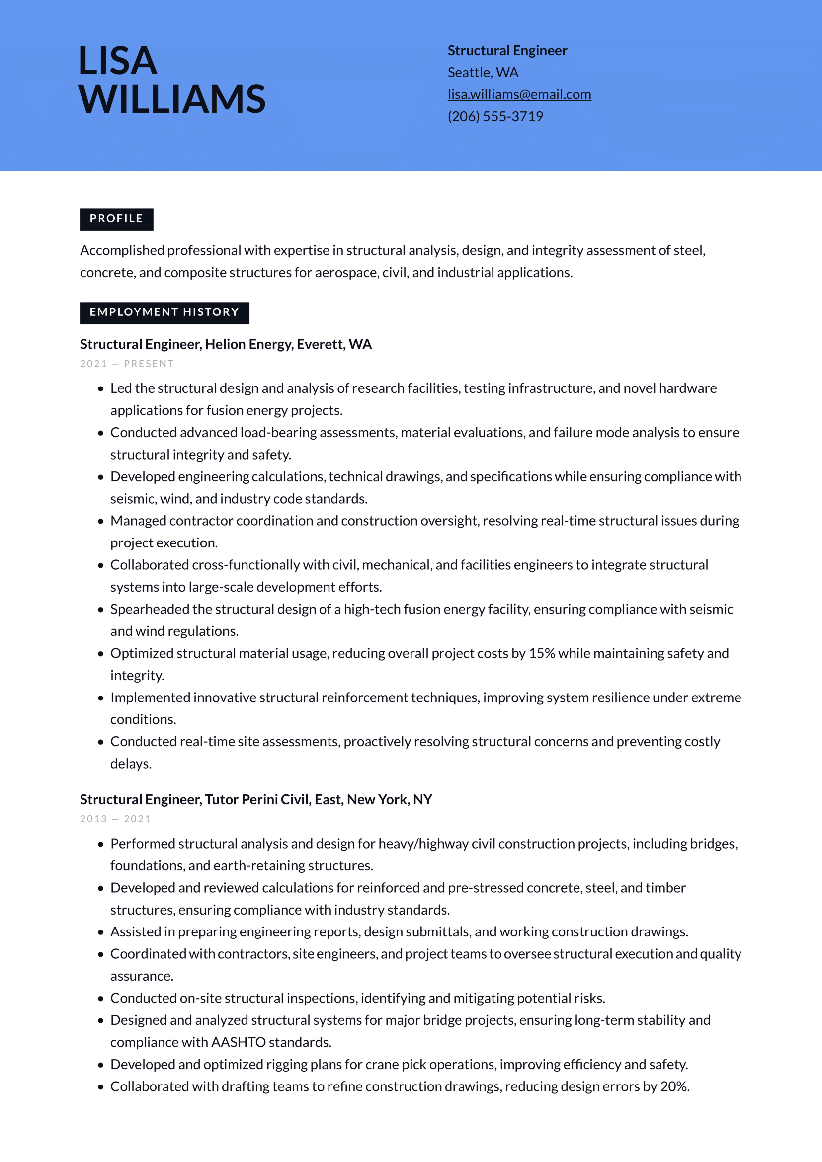 Structural Engineer resume example & writing guide