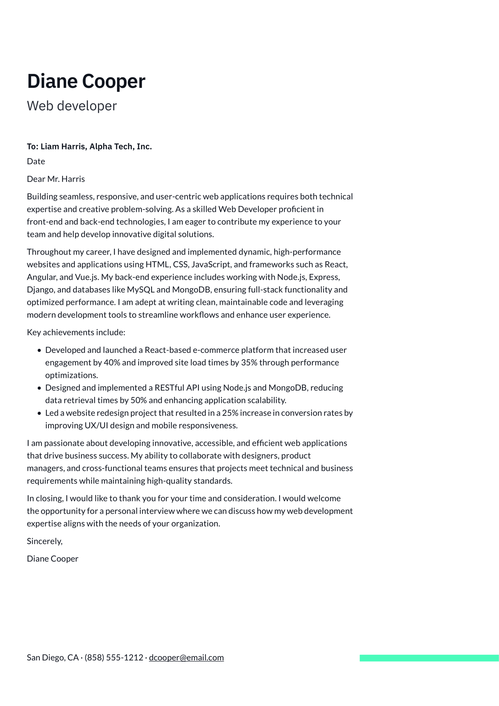 Web Developer cover letter example & writing guide