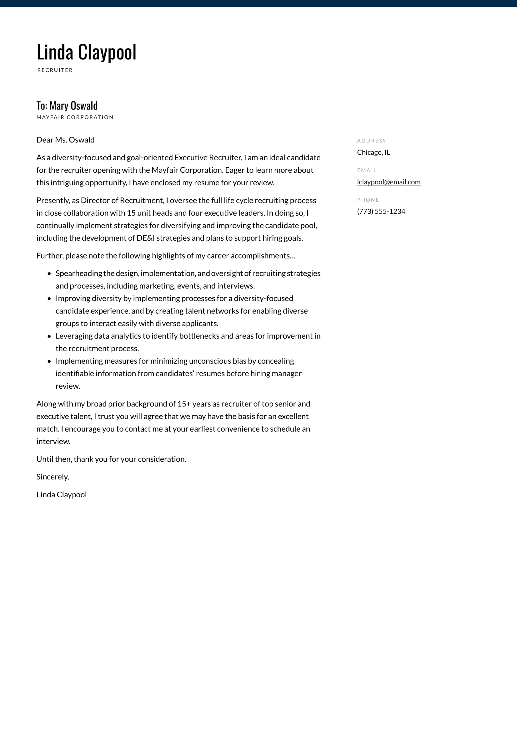 Recruiter cover letter example & writing guide