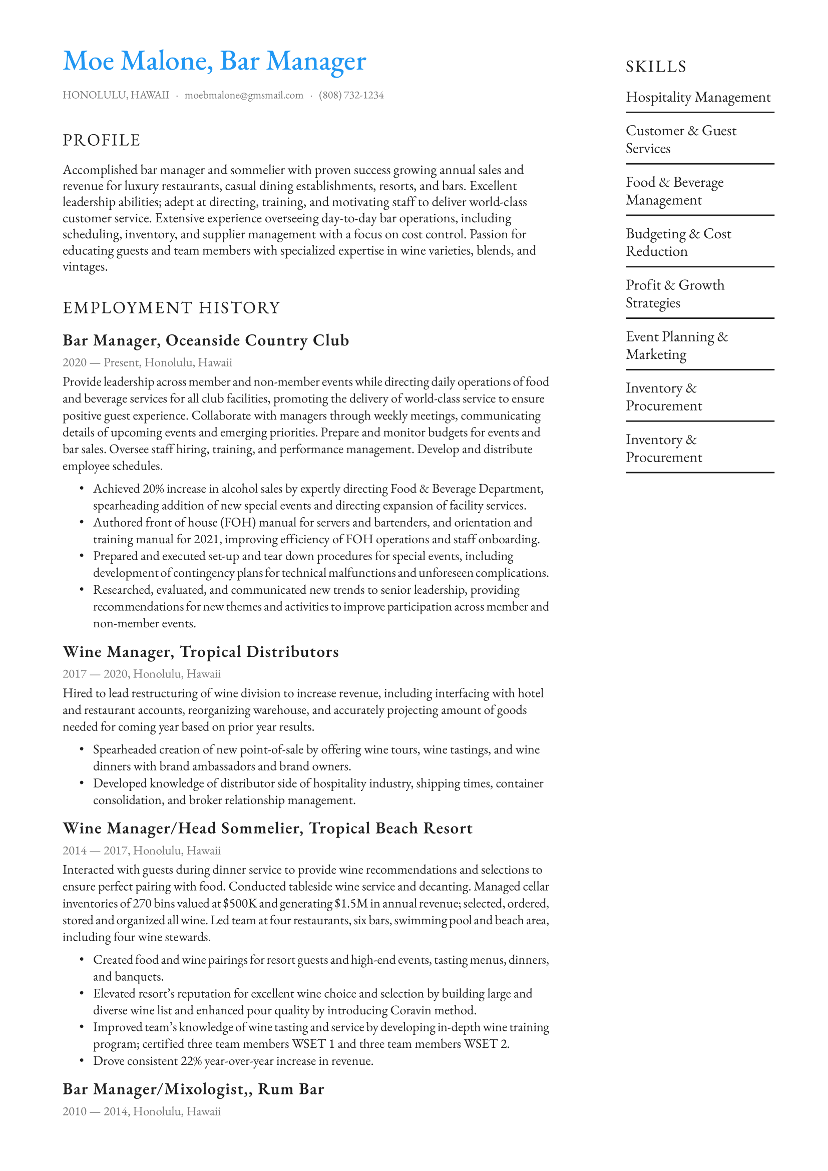 Bar Manager Resume Example & Writing Guide