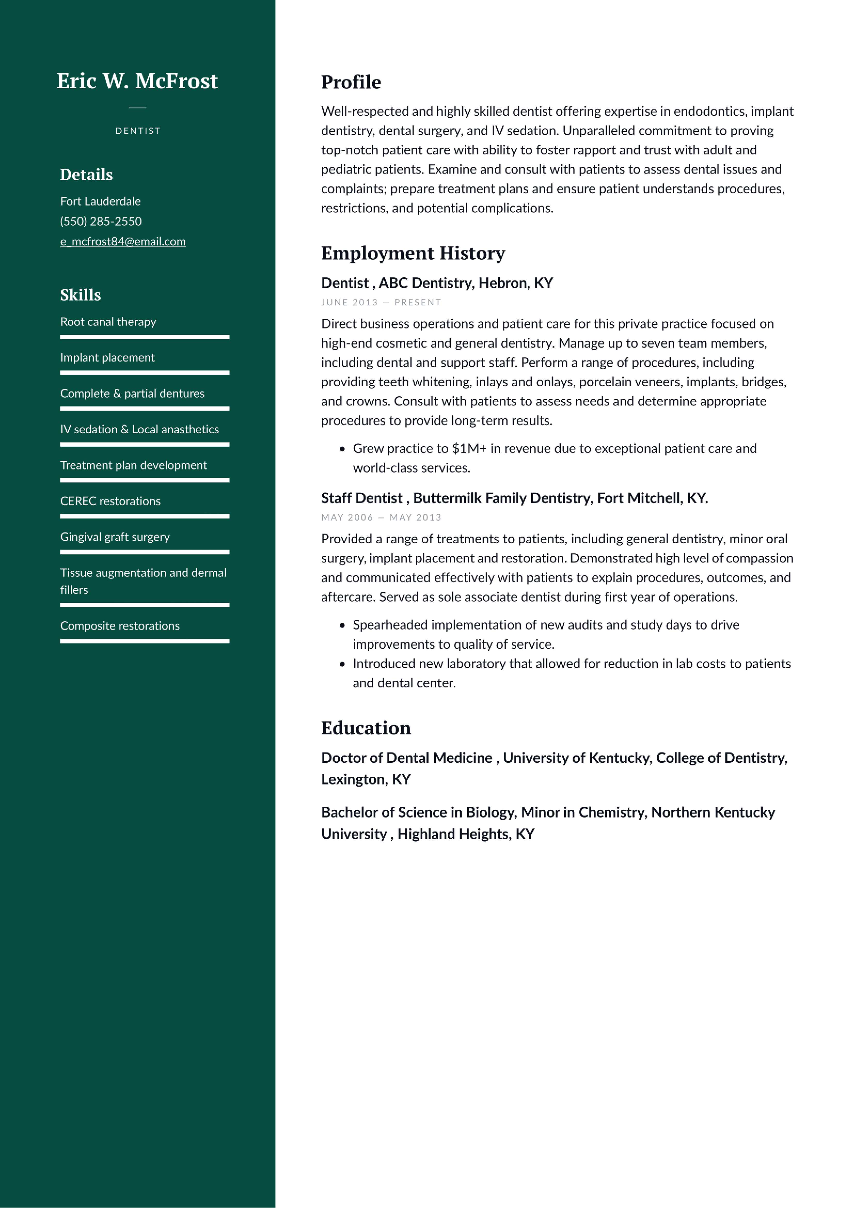 Dentist Resume Example