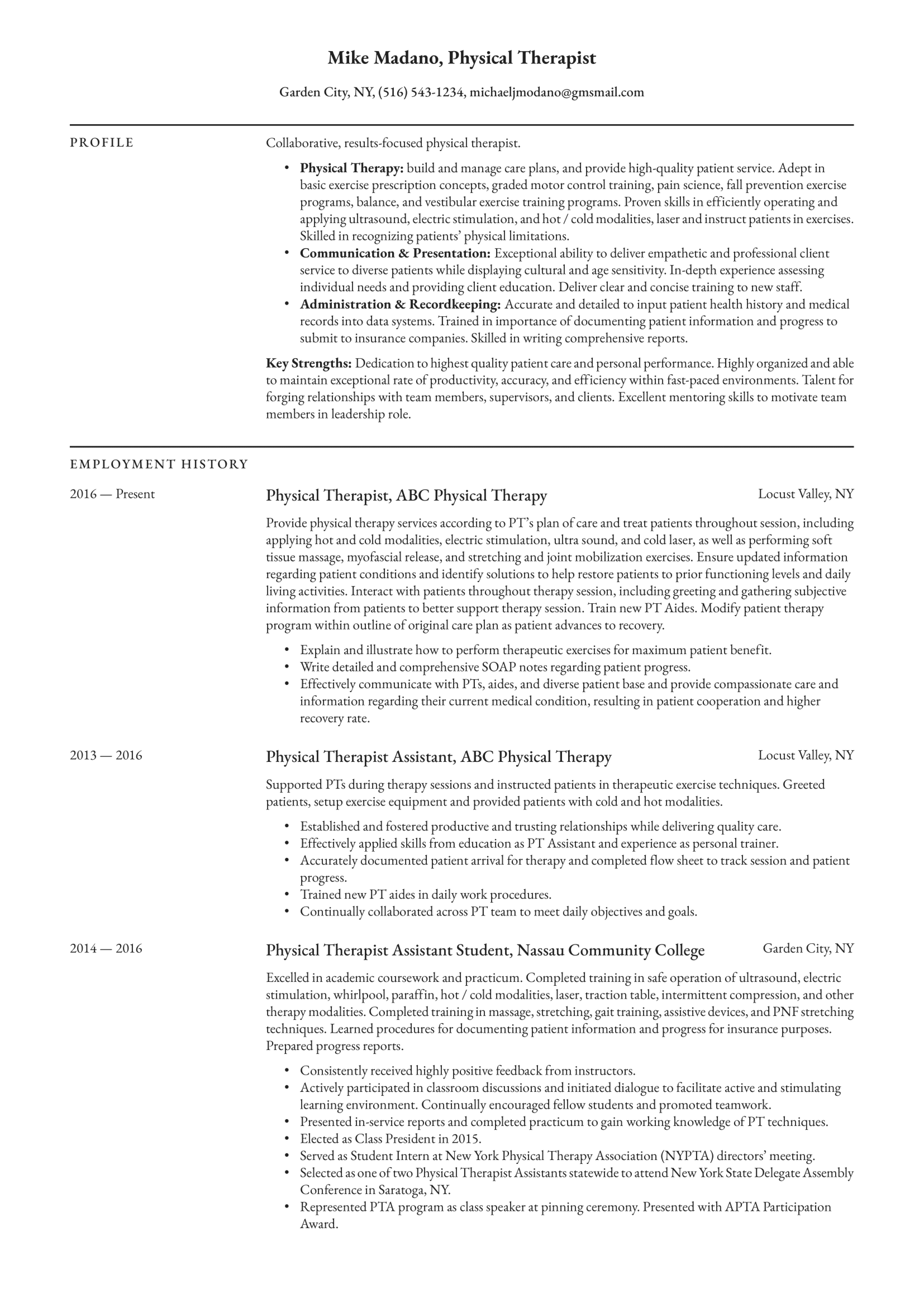 Physical Therapist Resume Example 